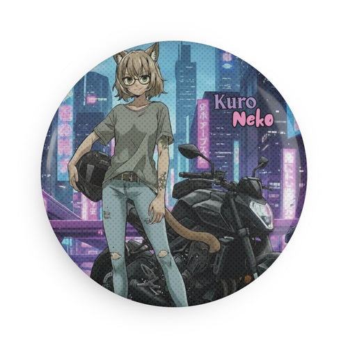 Aimant anime HANKO: chatte rebelle Kuro Neko sur fond cyberpunk, style HANKO, magnétiques pour frigo ou tableau