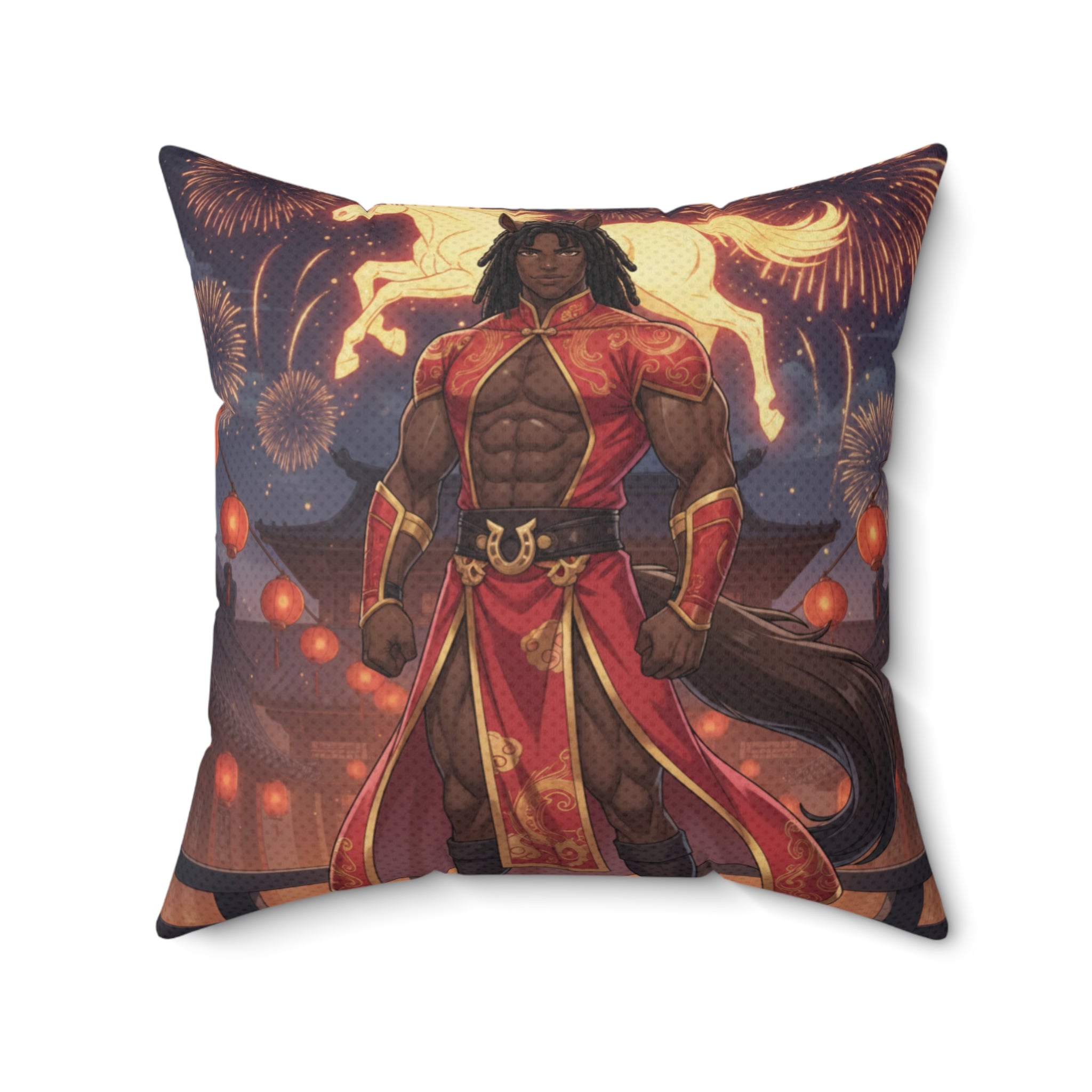 Coussin Carré Anime RYO avec un personnage héroïque et des feux d'artifice en arrière-plan.