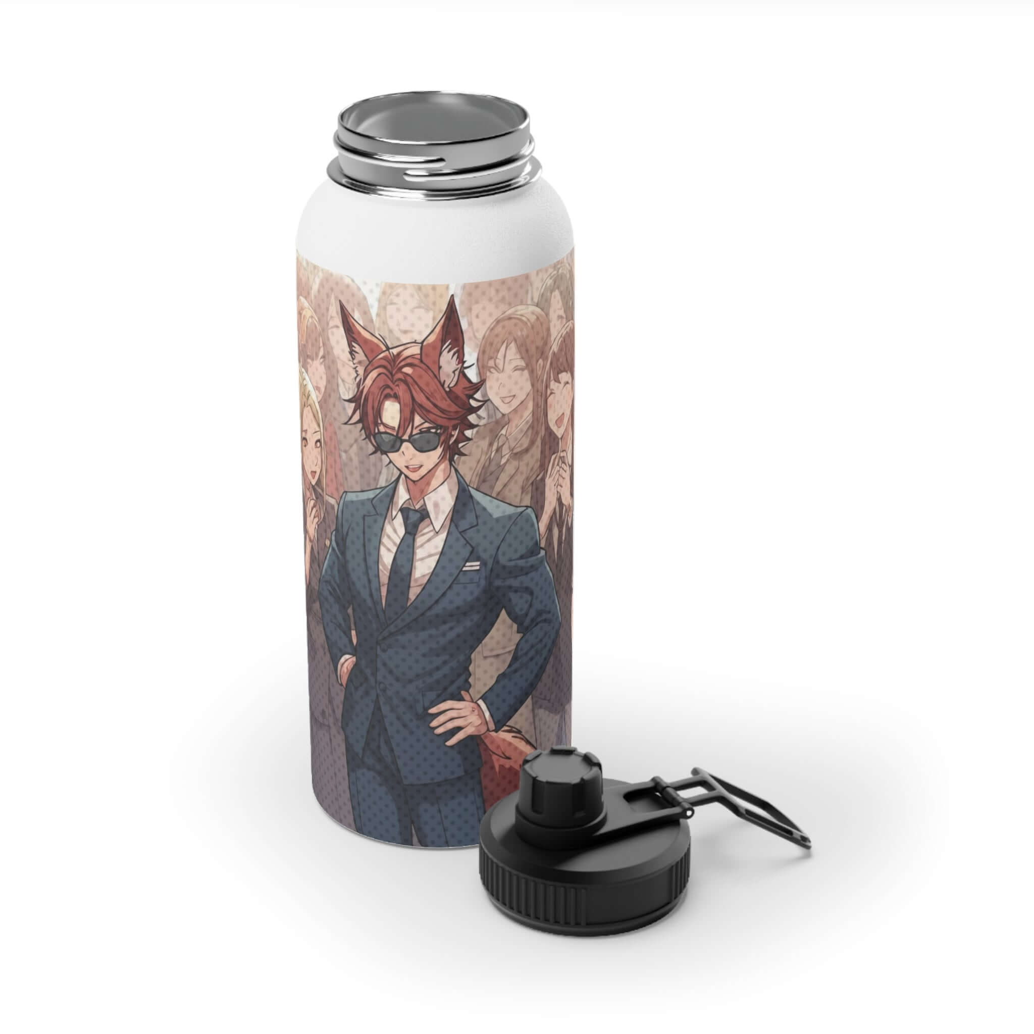 Bouteille isotherme sportive en acier inoxydable blanc 950ml avec artwork Kaito renard kemonomimi husbando mystérieux, oreilles de renard, charme sombre, double paroi thermique, bouchon sport, design original Kuro Neko Shop, sans BPA