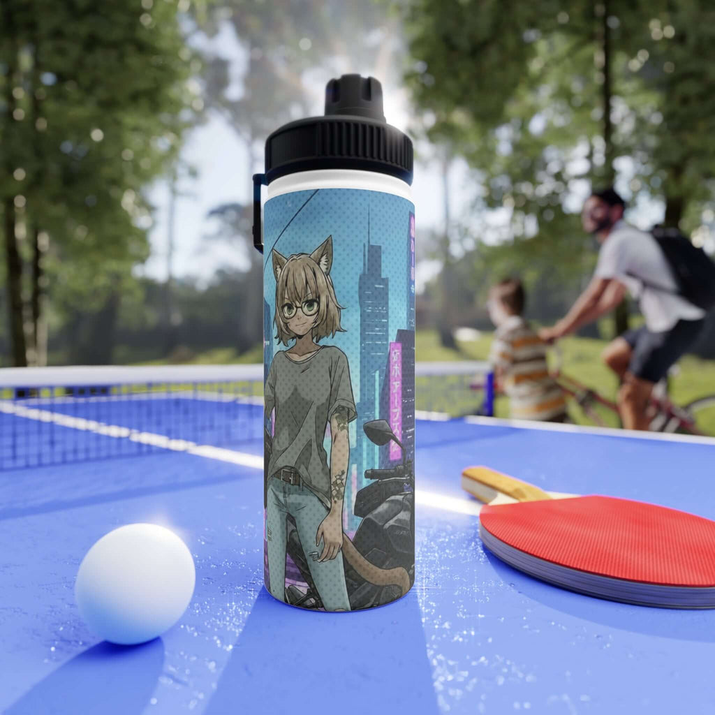 Gourde bouteille isotherme inox blanche 530ml avec illustration Hanko waifu chat kemonomimi cyberpunk rebelle, oreilles de chat futuristes, anime néon digital, construction double paroi, acier inoxydable premium, sans BPA