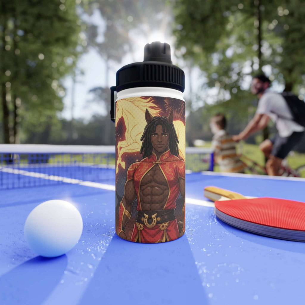 Gourde isotherme Anime RYO gourde en acier inoxydable blanc 350ml avec design Ryo cheval de feu, husbando kemonomimi, symbolisme zodiacal chinois, bouchon sport à visser, double paroi