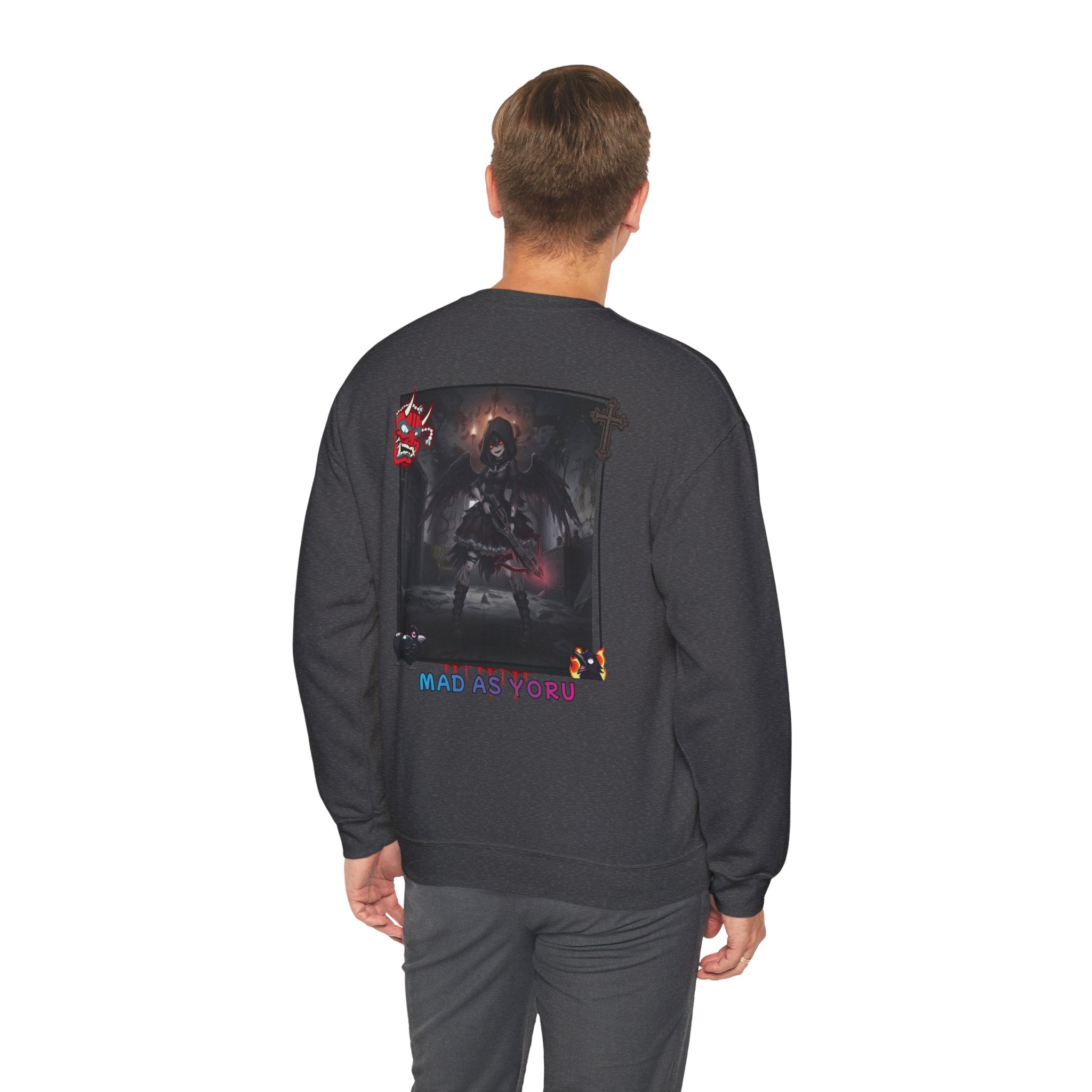 Sweatshirt Anime YORU vue arrière avec impression design gothique et motifs de chasseuse de démons.