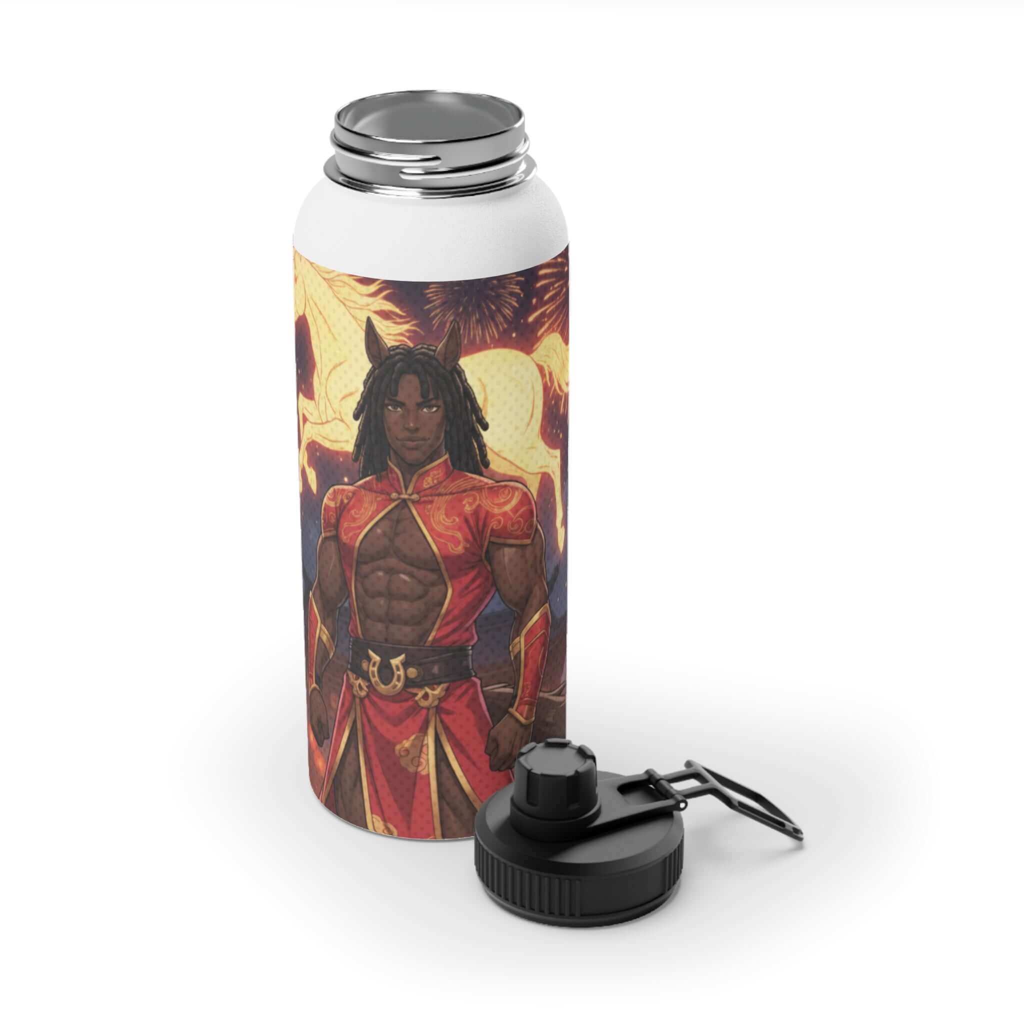 Bouteille isotherme sportive en acier inoxydable blanc 950ml avec artwork Ryo cheval de feu kemonomimi, double paroi thermique, bouchon sport, design original Kuro Neko Shop