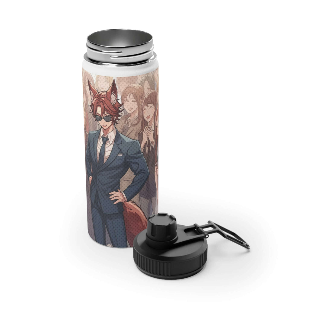 Gourde bouteille isotherme inox blanche 530ml avec illustration Kaito husbando renard kemonomimi élégant, oreilles de renard, anime mystérieux, charme nocturne, construction double paroi, acier inoxydable premium, sans BPA