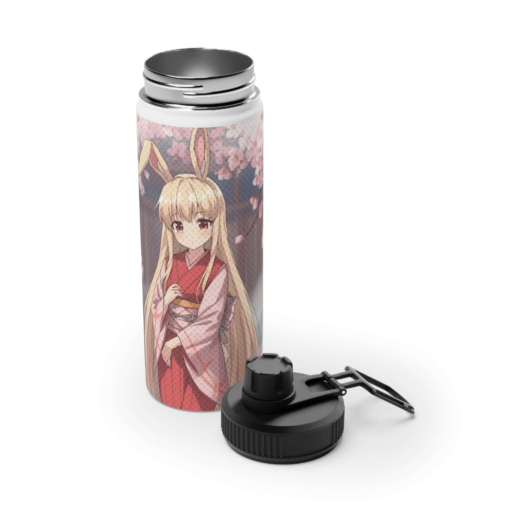 Gourde bouteille isotherme inox blanche 530ml avec illustration Haru waifu lapin kemonomimi paisible, oreilles de lapin, anime kawaii sérénité, aura apaisante, construction double paroi, acier inoxydable premium, sans BPA