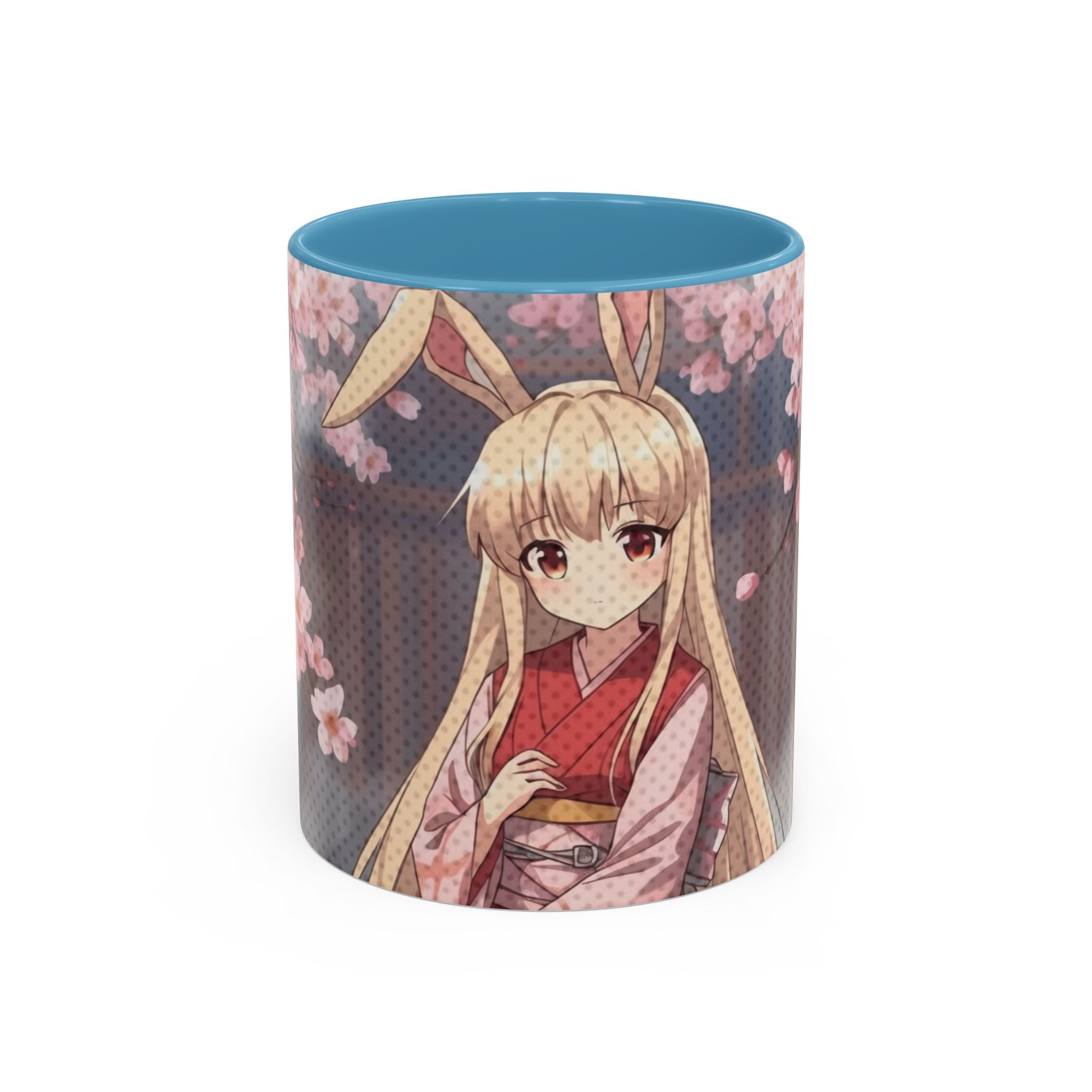 mug anime HARU en céramique avec motif HARU lapine kemonomimi habillée d'un kimono traditionnel, décor sakura et onsen