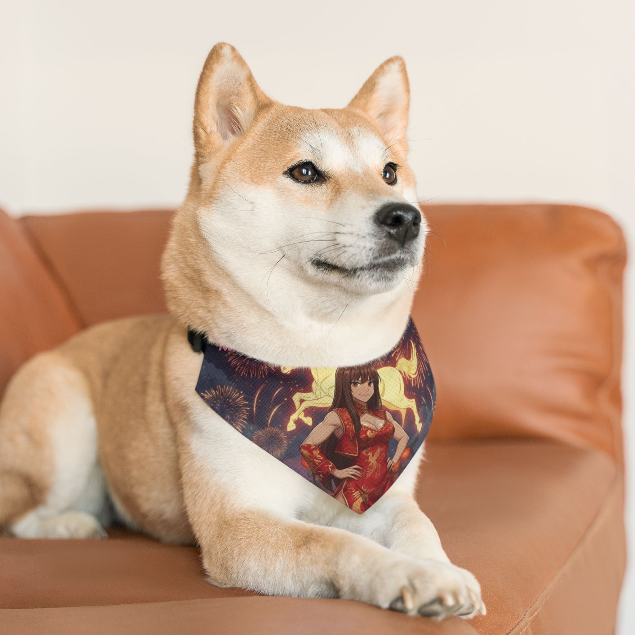 Collier bandana chat & chien Anime AKARI Cheval de Feu & Zodiaque sur un Shiba Inu, Kuro Neko Shop.