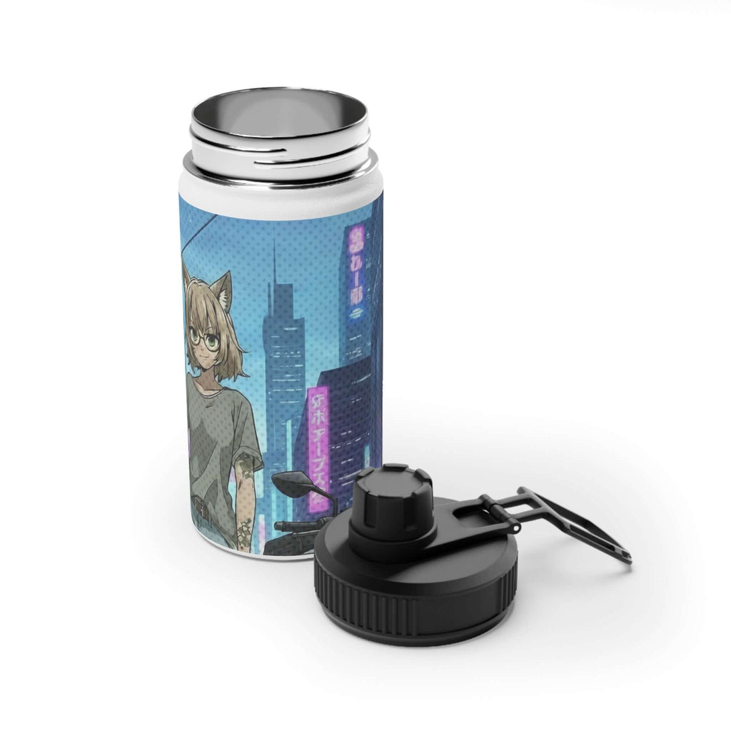 Gourde isotherme Anime HANKO gourde en acier inoxydable blanc 350ml avec design Hanko chat kemonomimi cyberpunk, waifu oreilles de chat, esthétique néon futuriste, double paroi thermique, bouchon sport à visser, sans BPA, design original Kuro Neko Shop