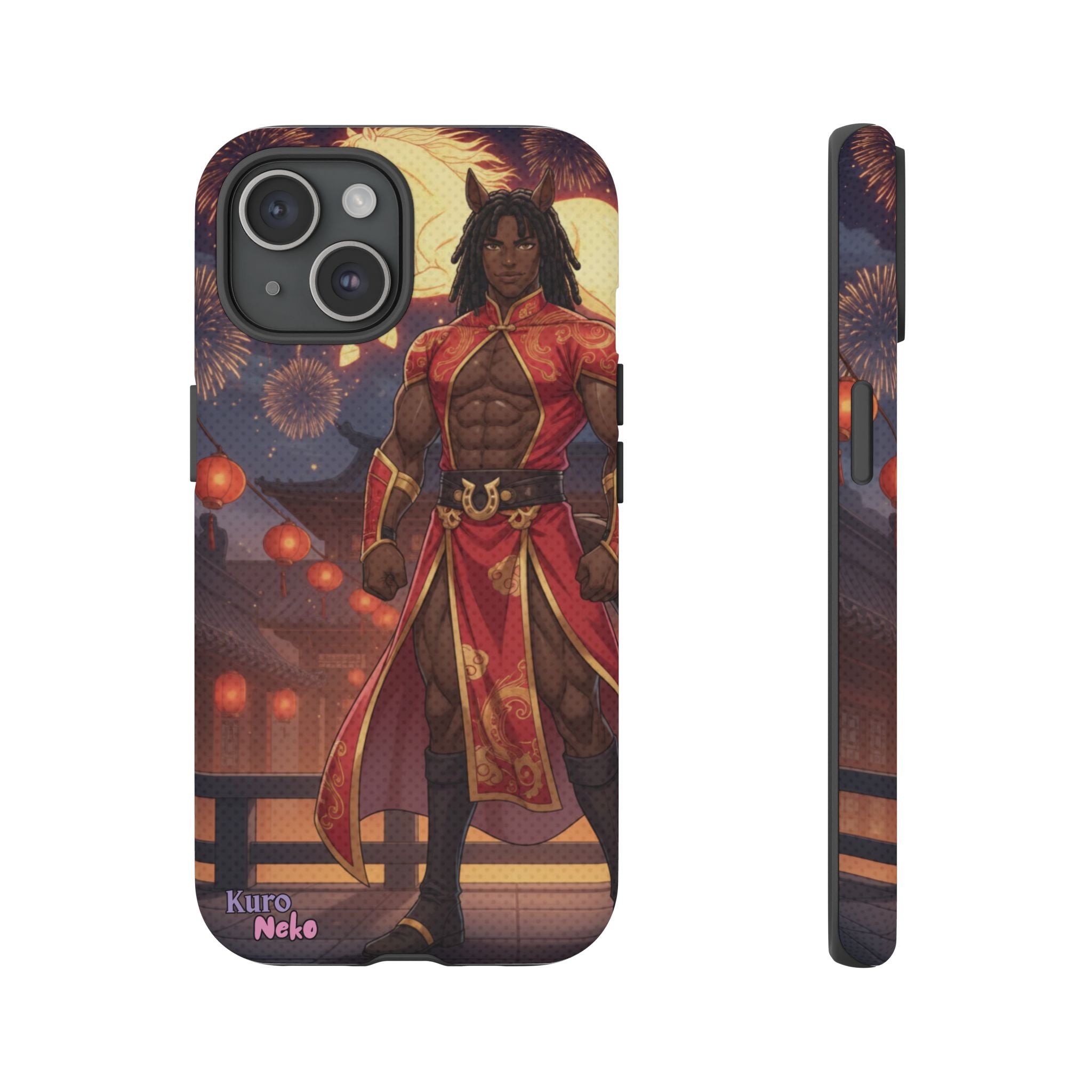 Coque téléphone Anime RYO avec un personnage héroïque en costume traditionnel devant des feux d'artifice.