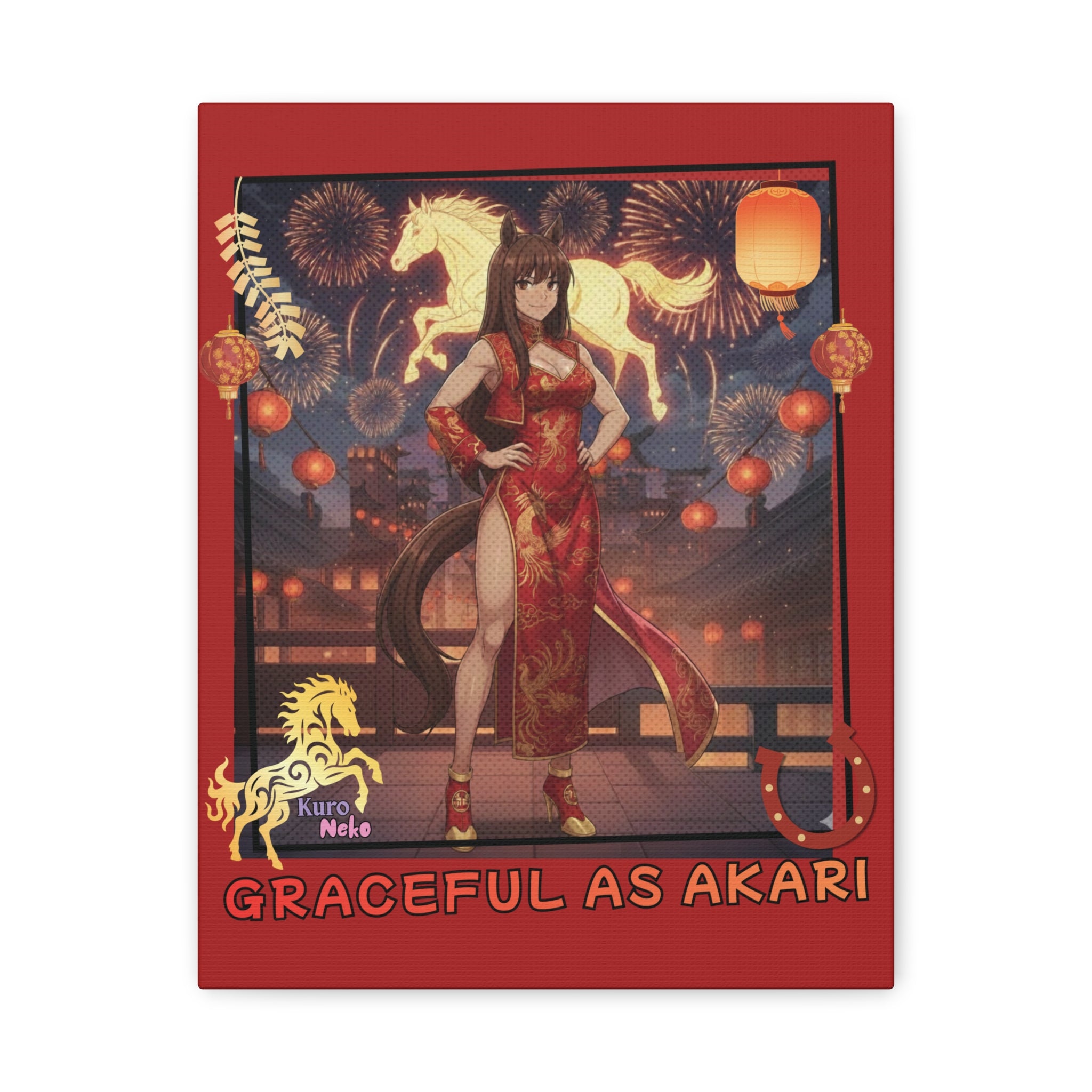 Toile Mate Anime AKARI – Illustration d'Akari dans une robe élégante avec un cheval, festive et colorée.