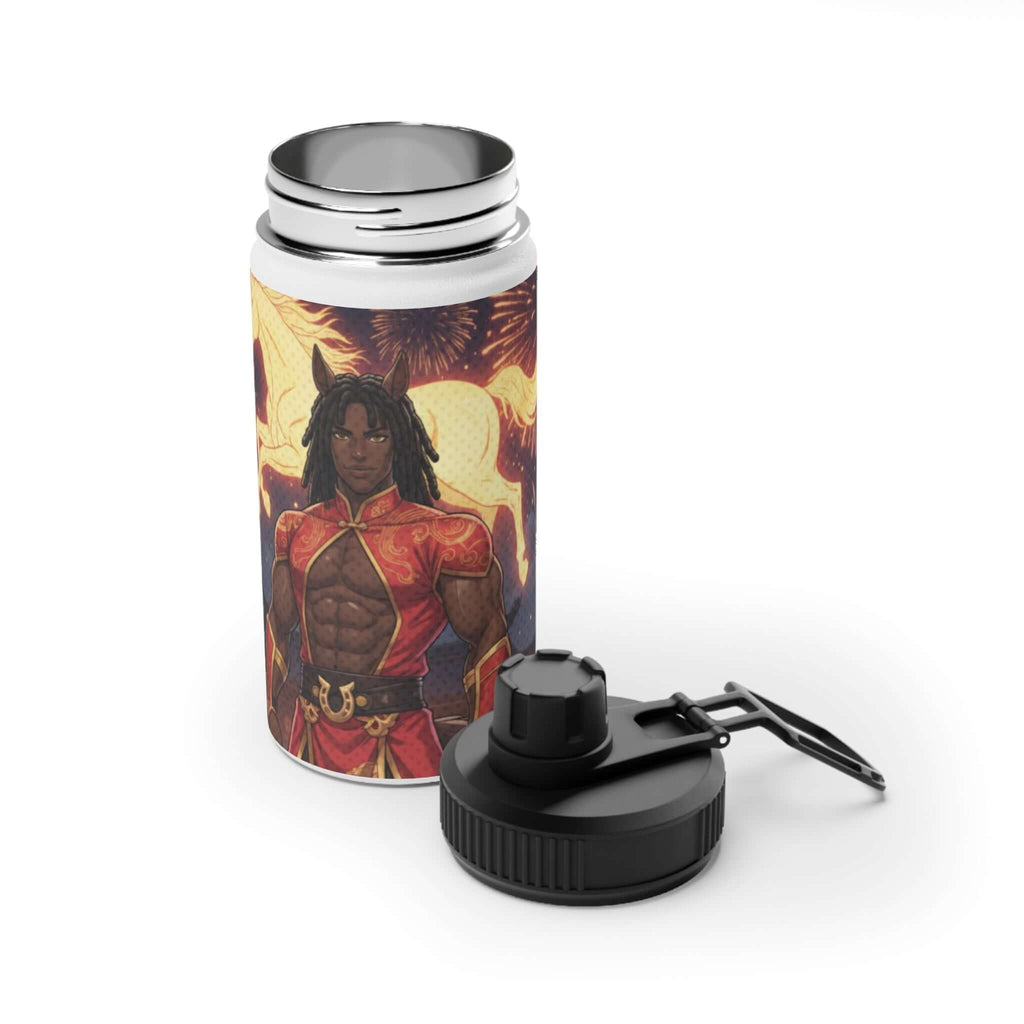 Gourde isotherme Anime RYO gourde en acier inoxydable blanc 350ml avec design Ryo cheval de feu, husbando kemonomimi, symbolisme zodiacal chinois, bouchon sport à visser, double paroi