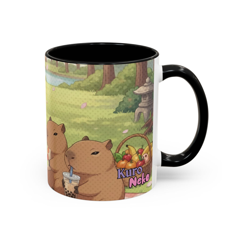 Mug Anime HARU Muse Chibi Pique-nique Sakura avec capybaras et bubble tea sous des pétales de sakura, Kuro Neko Shop.