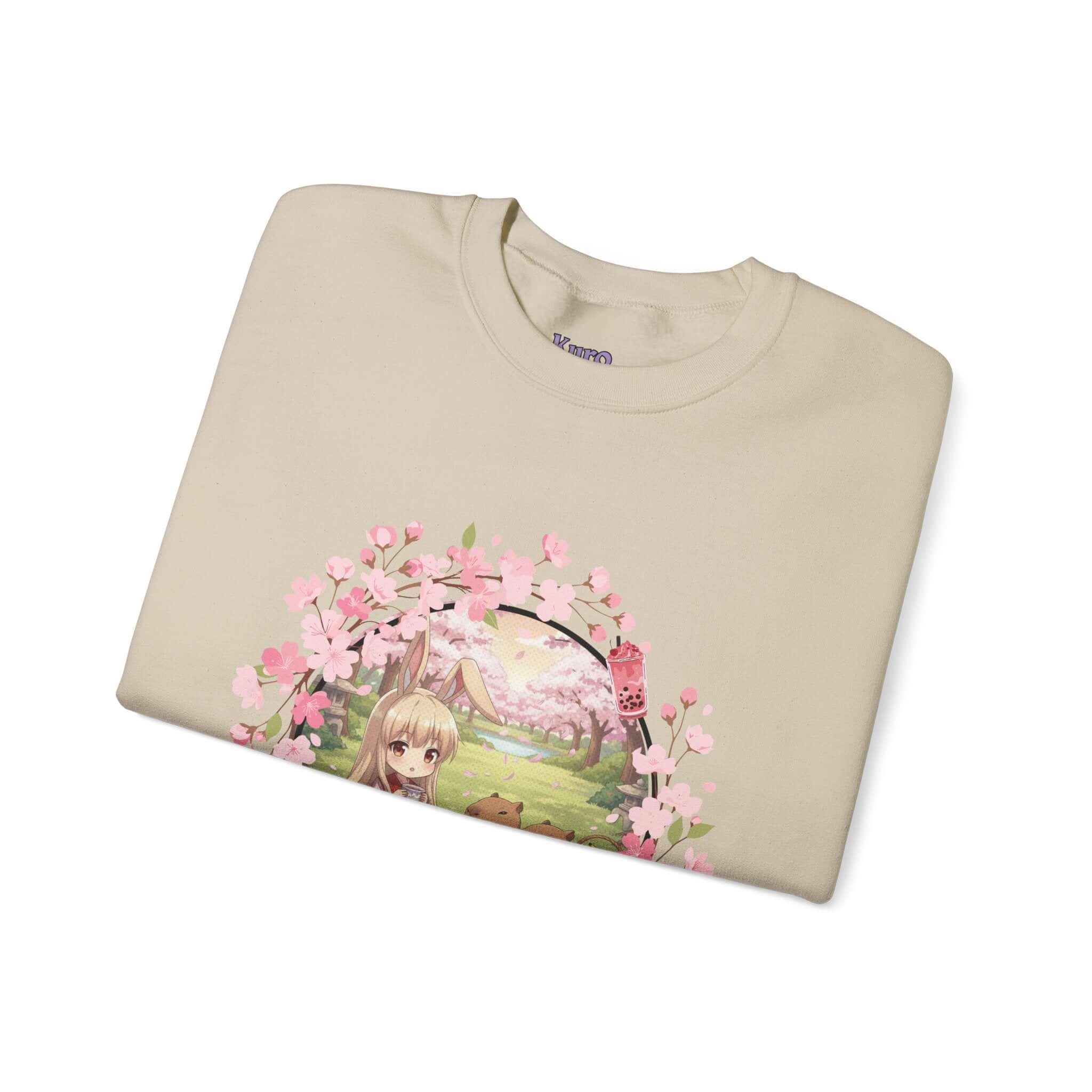 Sweatshirt Anime HARU Muse Chibi Pique-nique Sakura avec illustration de fille entourée de fleurs de sakura, Kuro Neko Shop.