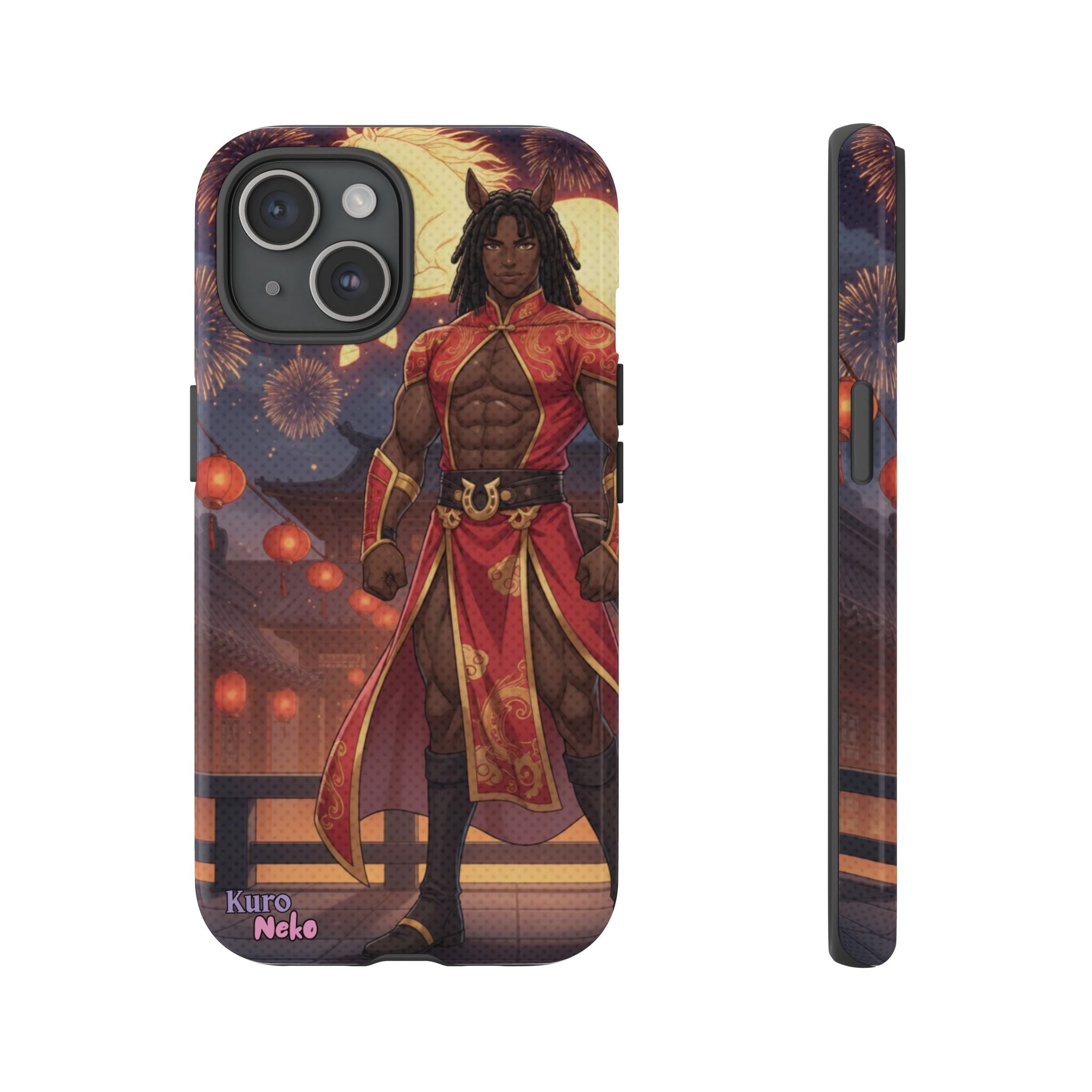 Coque téléphone Anime RYO avec un personnage musclé en costume traditionnel sur fond de lanternes et de feux d'artifice.