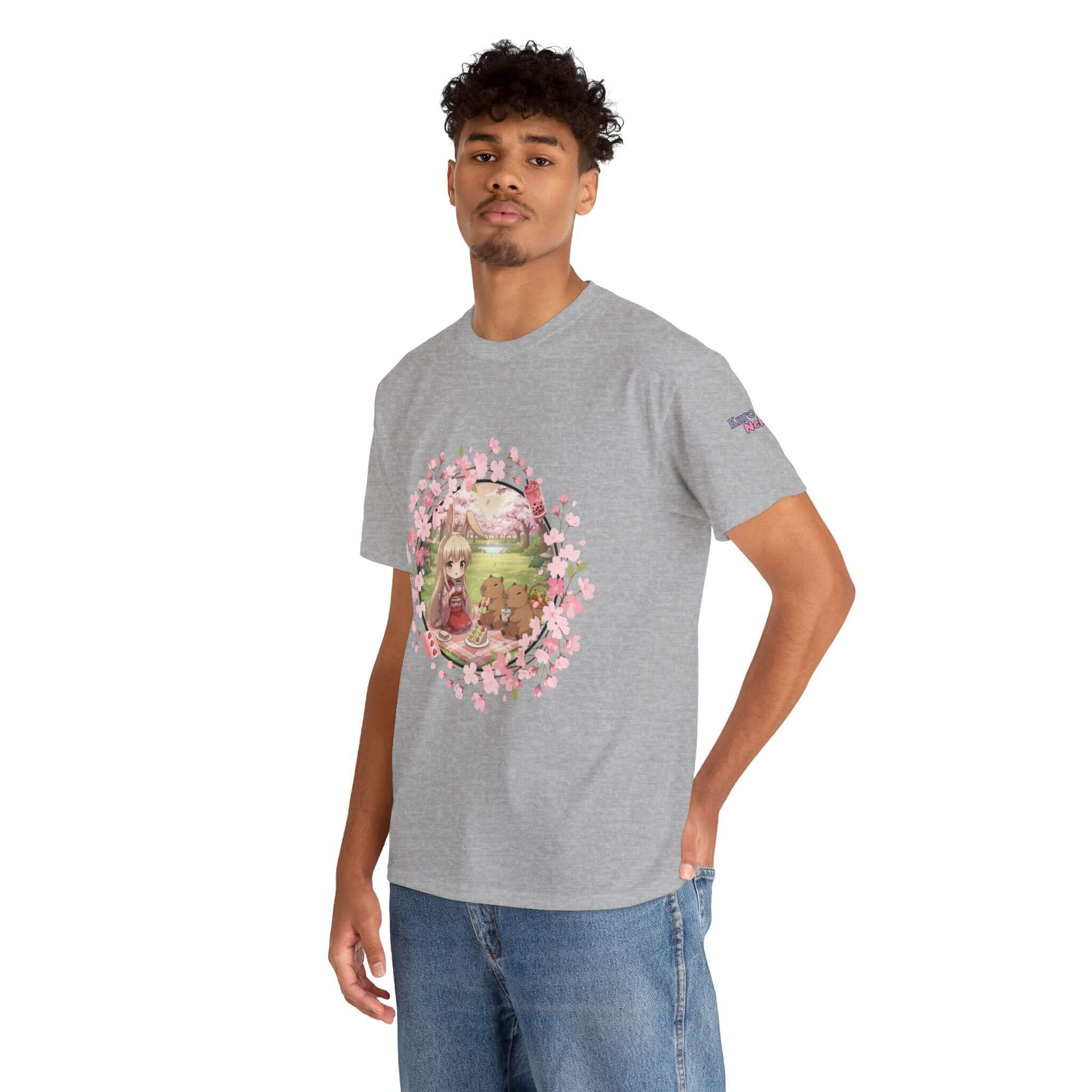 T-shirt Anime HARU Muse Chibi Pique-nique Sakura avec un design de pique-nique sous les cerisiers, Kuro Neko Shop.