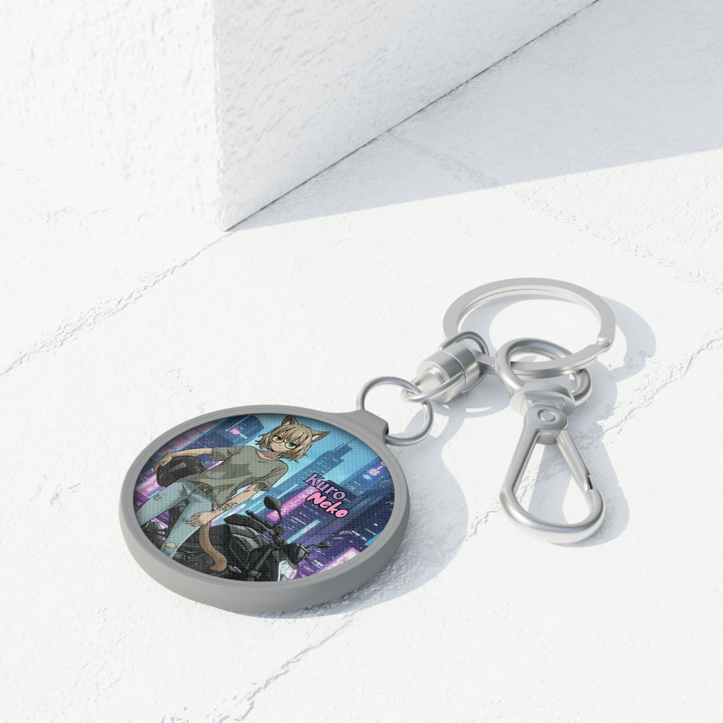 Porte-clés Anime HANKO avec design de chatte rebelle dans un style cyberpunk sur fond urbain.
