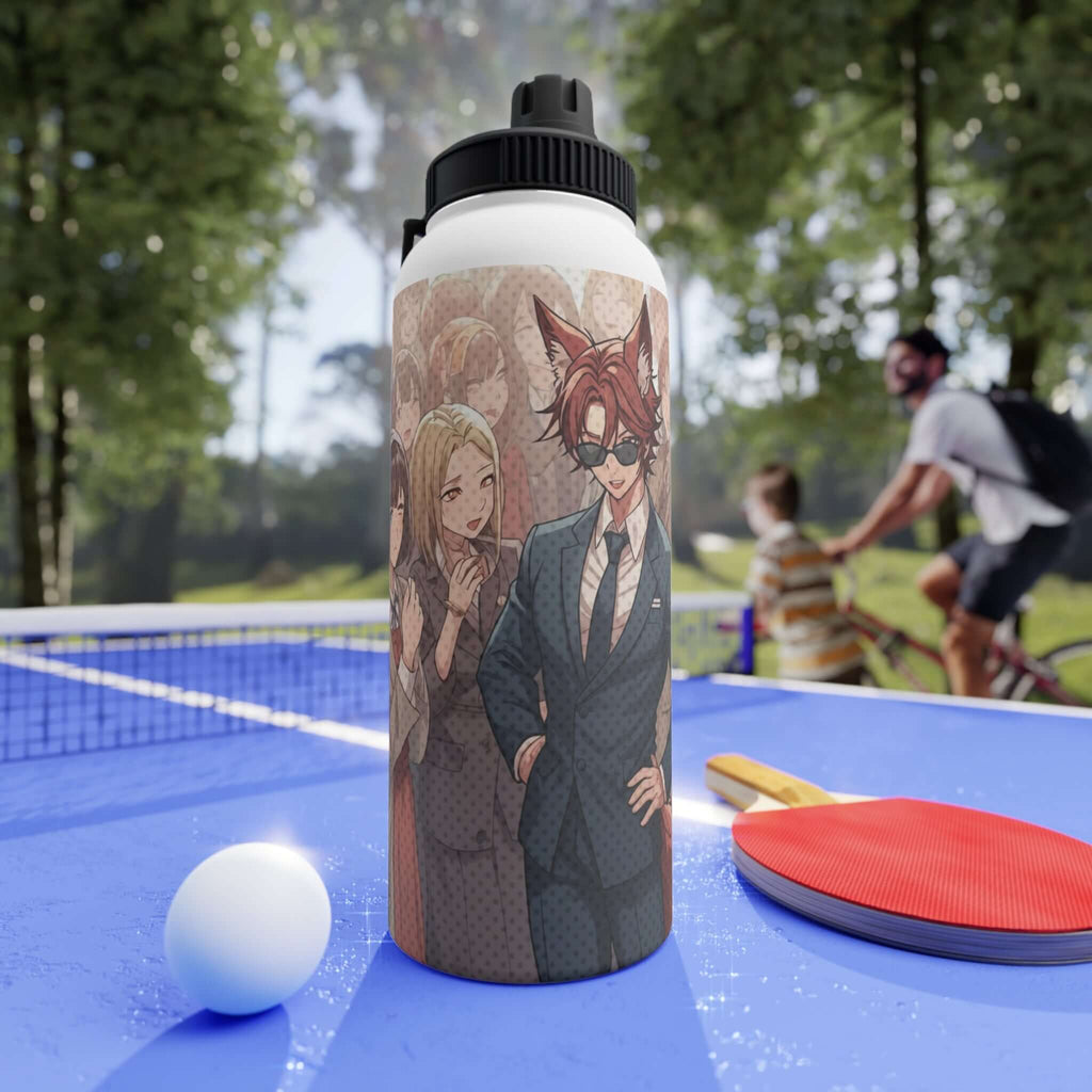 Bouteille isotherme sportive en acier inoxydable blanc 950ml avec artwork Kaito renard kemonomimi husbando mystérieux, oreilles de renard, charme sombre, double paroi thermique, bouchon sport, design original Kuro Neko Shop, sans BPA