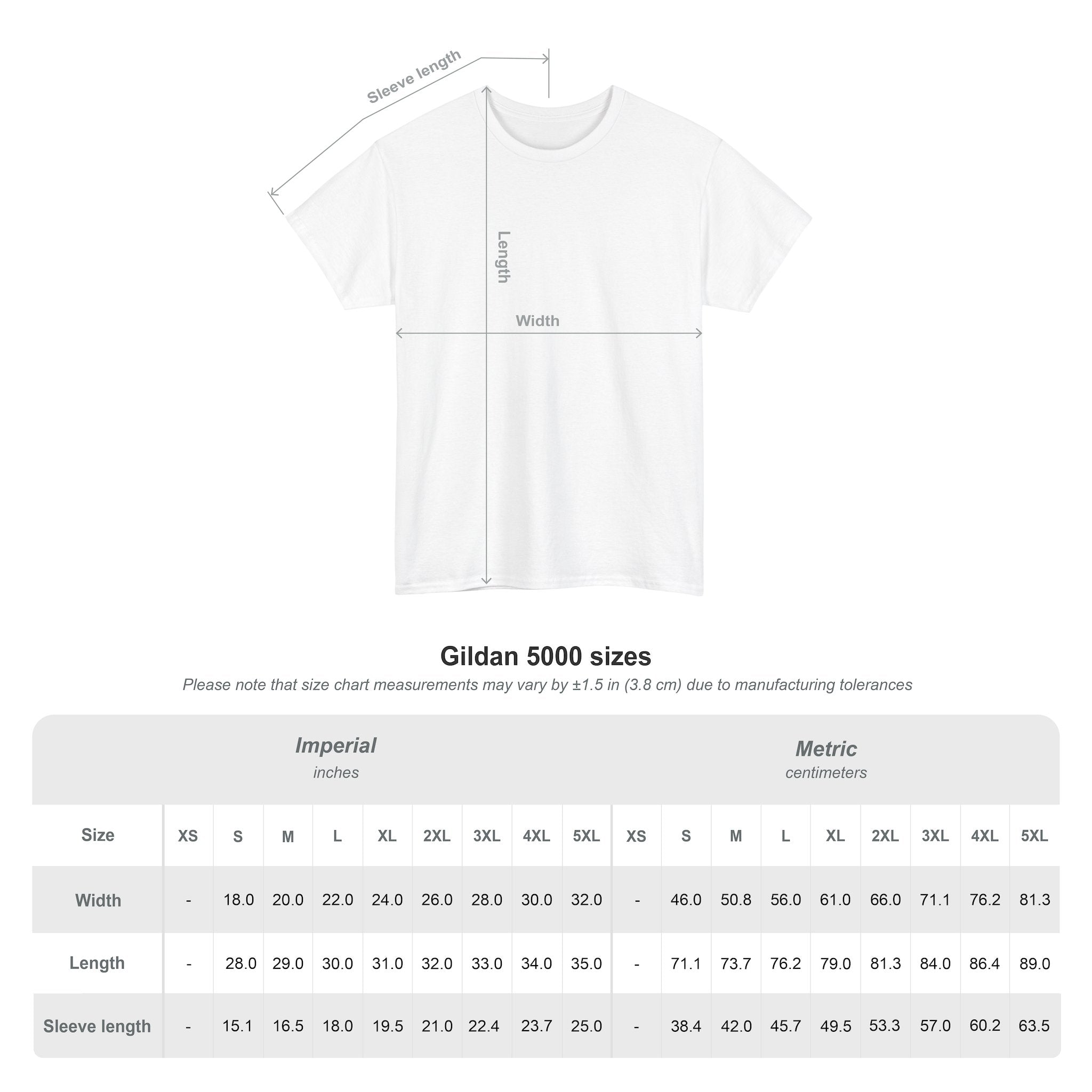 Table des tailles pour le T-shirt Anime YORU avec dimensions en pouces et centimètres, modèle Gildan 5000.