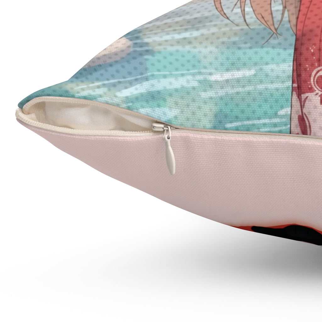 Coussin Carré Anime HARU avec un design kawaii et une fermeture éclair détaillée, parfait pour un intérieur serein.