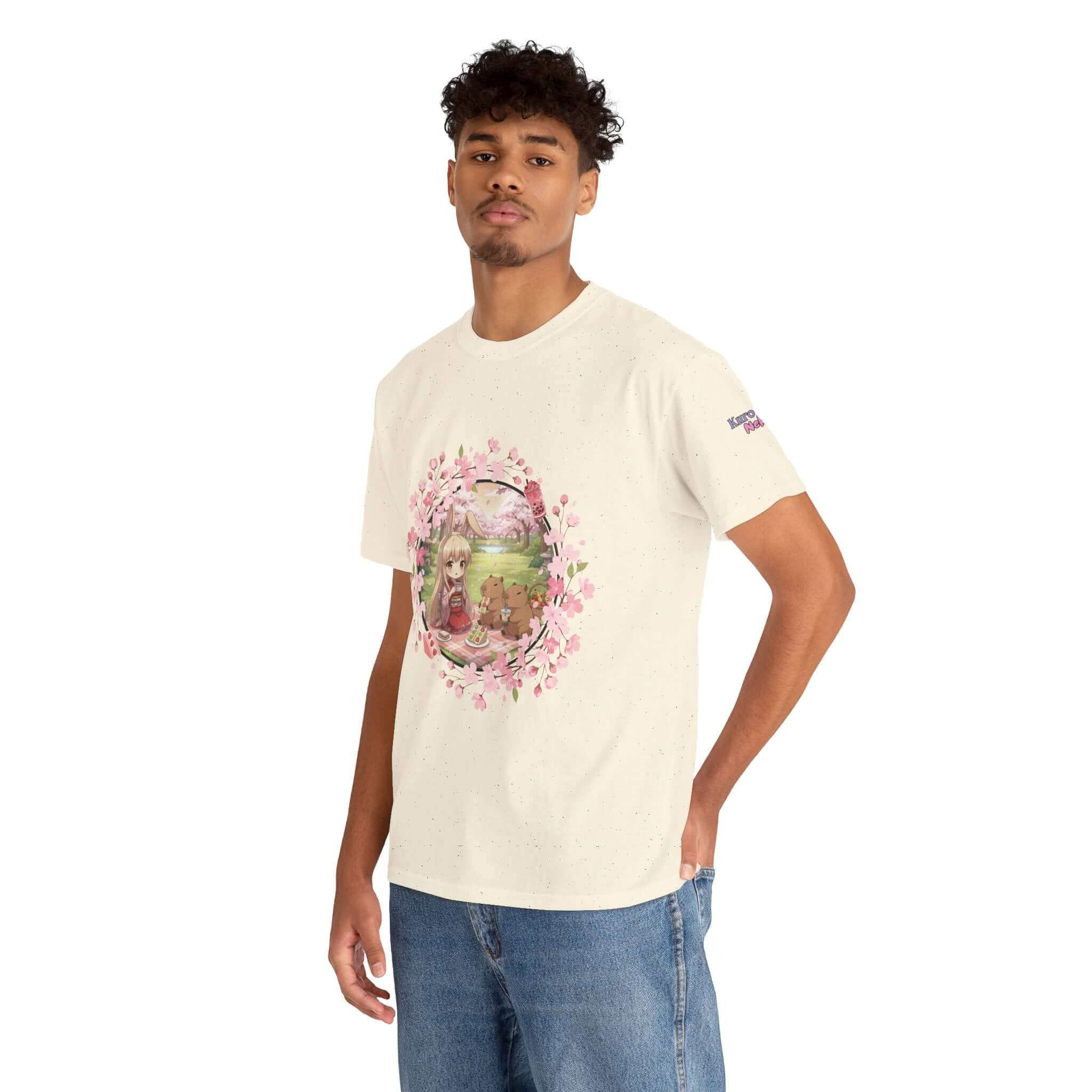 Homme portant un T-shirt Anime HARU Muse Chibi Pique-nique Sakura avec design de lapin kemonomimi et pétales de sakura, Kuro Neko Shop.