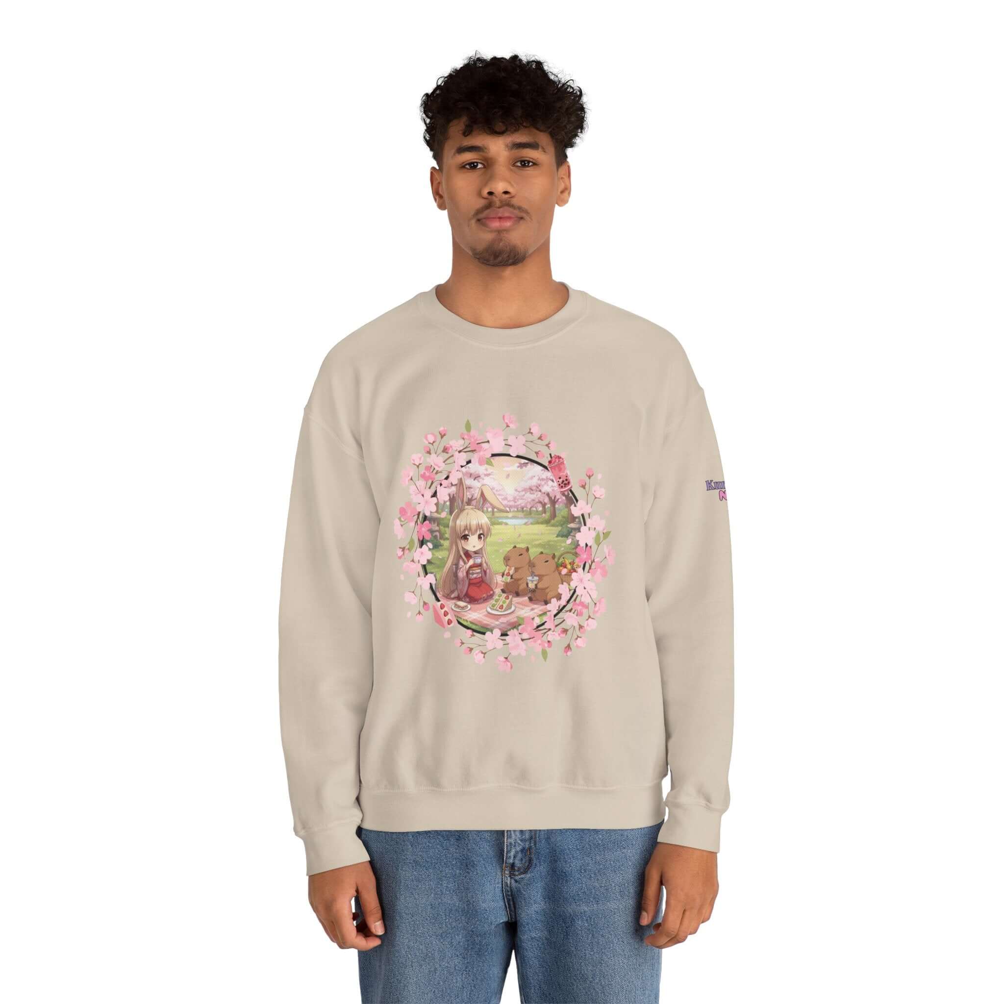 Sweatshirt Anime HARU Muse Chibi Pique-nique Sakura avec illustration de personnage kemonomimi sous sakura, Kuro Neko Shop
