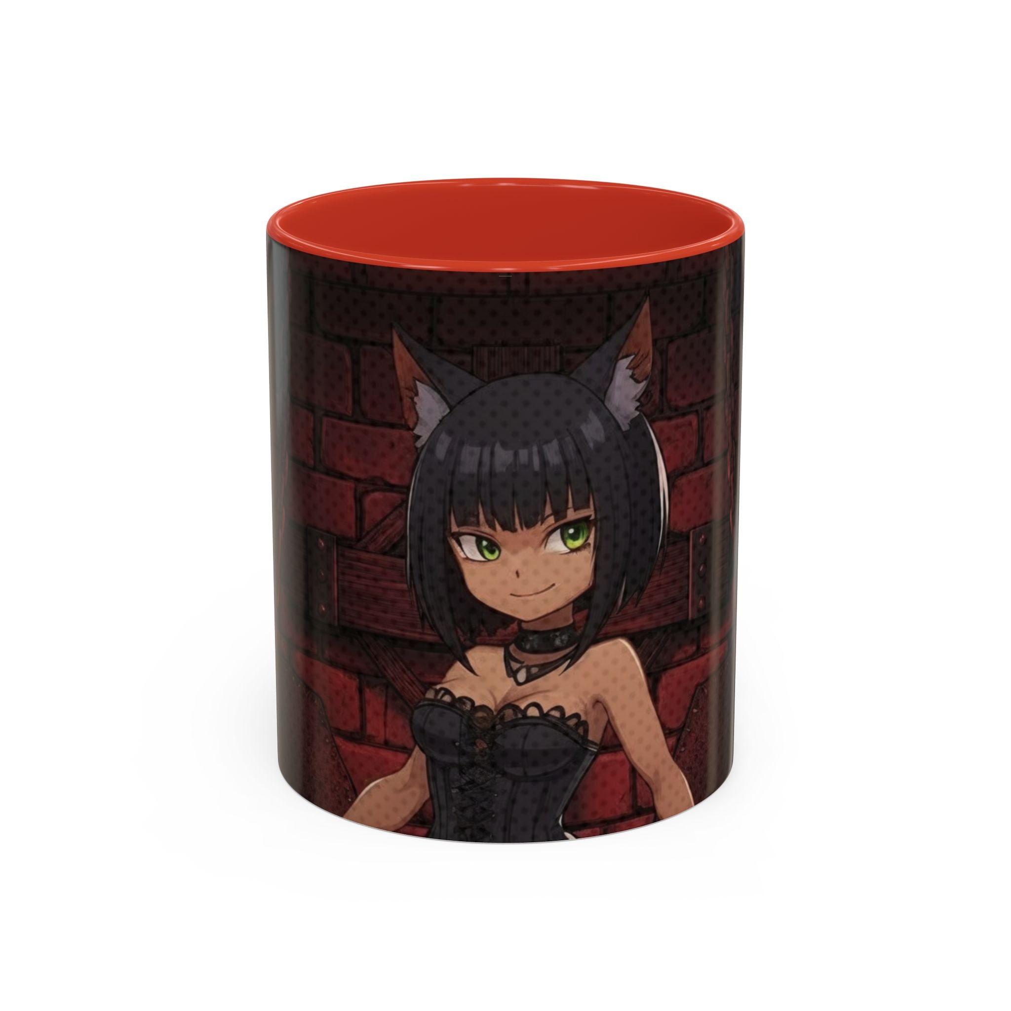 Mug Anime YAMI Gothique & Louve Mystérieuse – mug en céramique avec YAMI, la louve kemonomimi, sur fond de briques rouges, design sombre et autoritaire