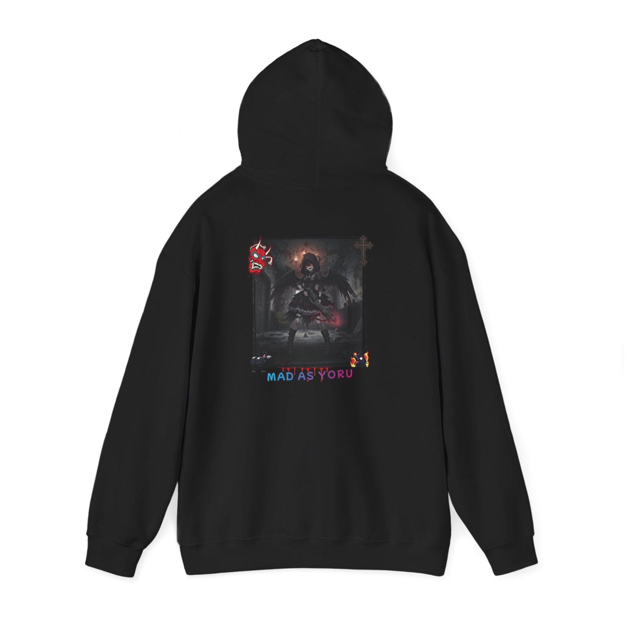 Sweat à Capuche Anime YORU avec design gothique et visuel de la muse Yoru sur la partie arrière.