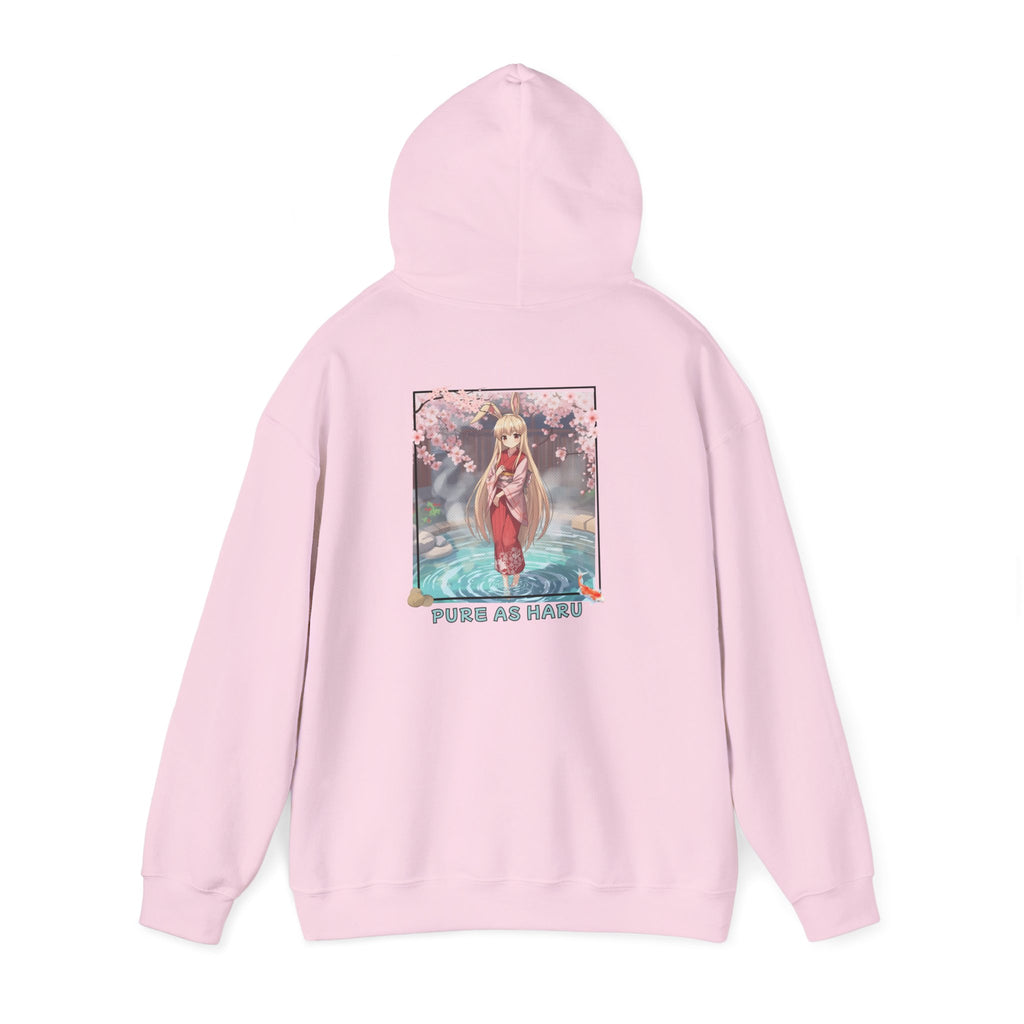 Sweat à capuche Anime HARU avec design "Pure as Haru" illustrant une lapine kemonomimi sous des cerisiers.