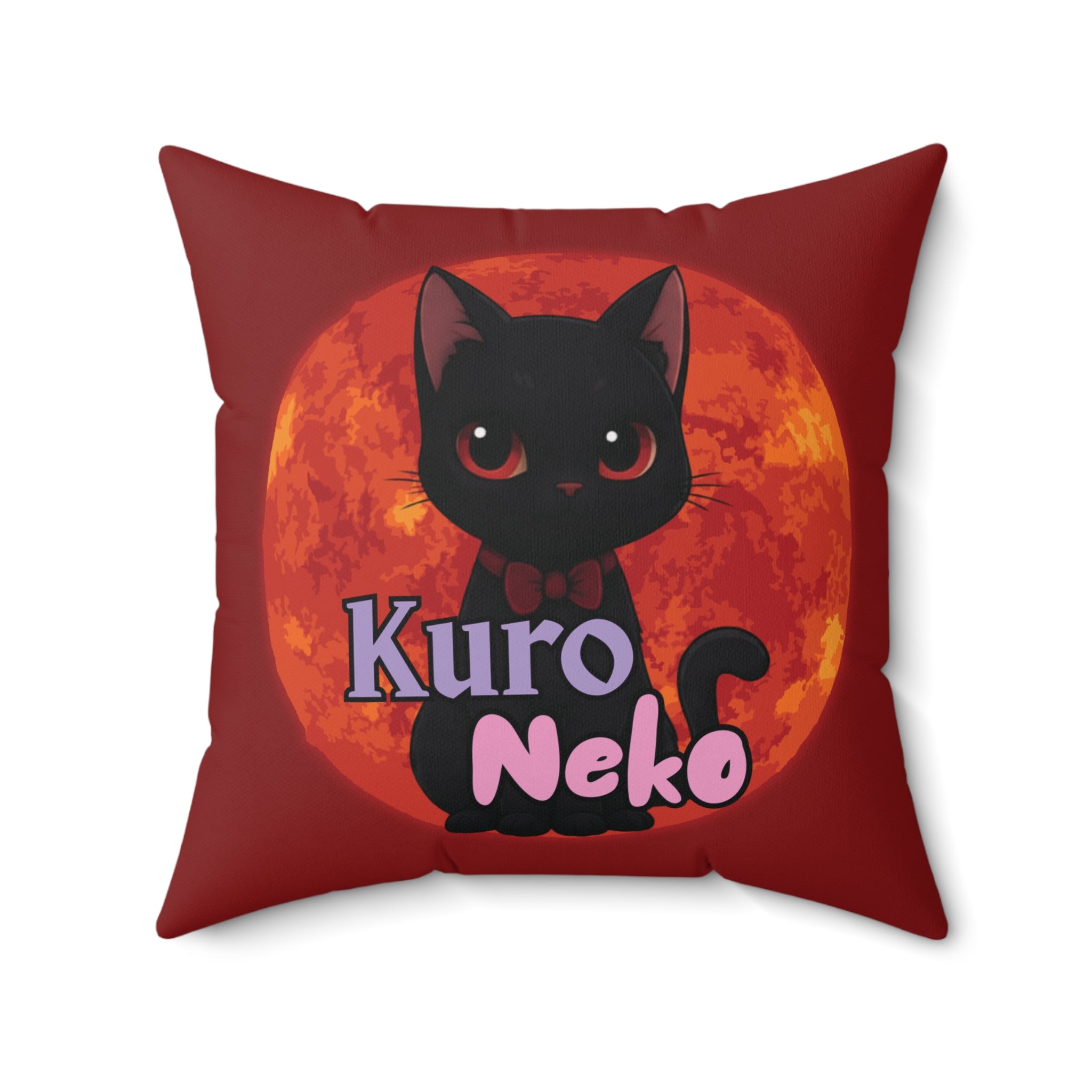 Coussin Carré Anime AKARI avec un adorable chaton noir sur fond rouge, style kawaii.