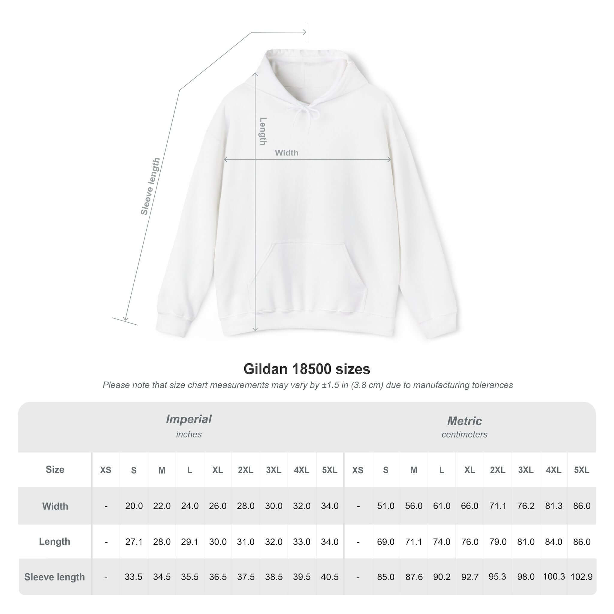 Mesures tailles pour Sweat à capuche Anime HARU Muse Chibi Pique-nique Sakura, Gildan 18500, Kuro Neko Shop