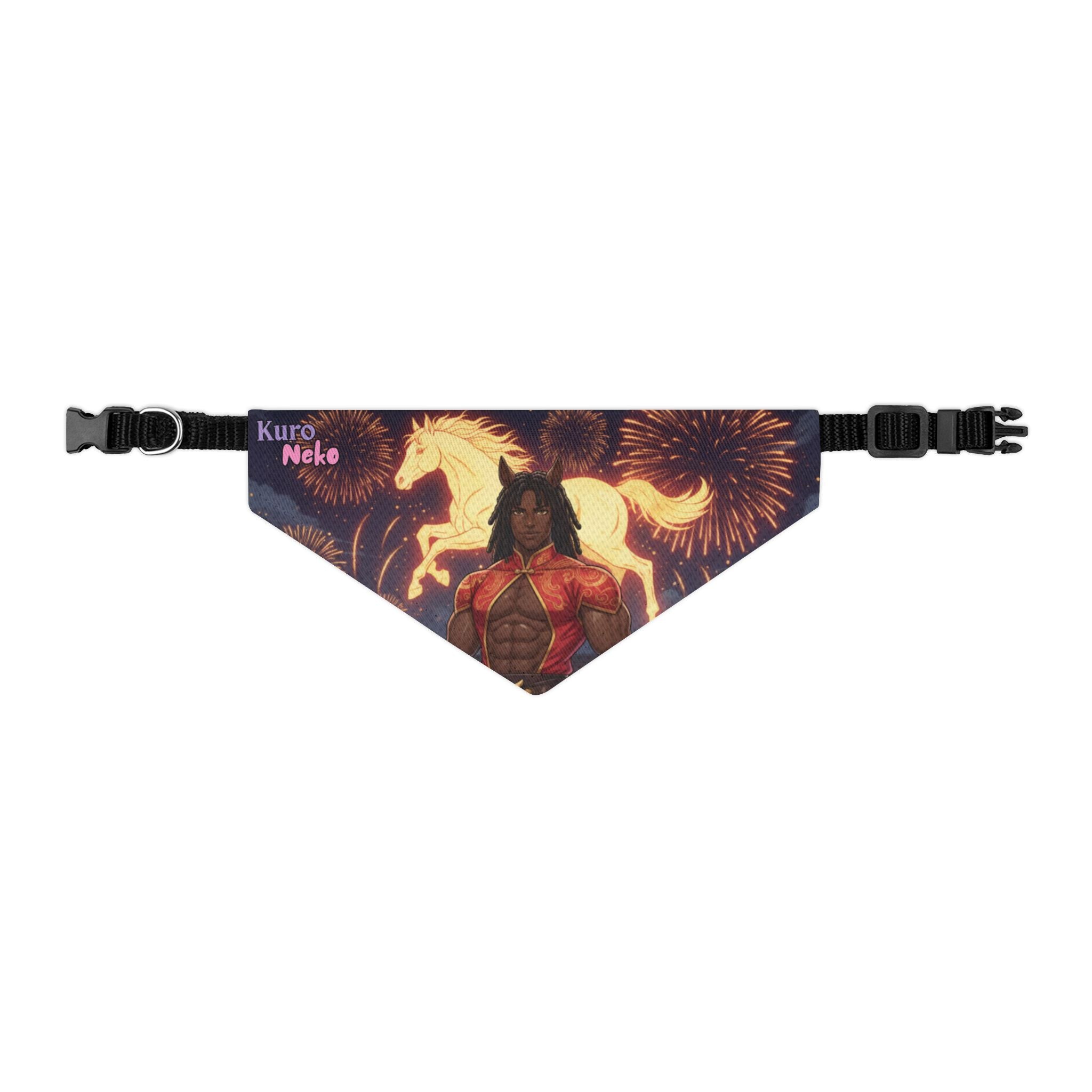 Collier Bandana Chat & Chien Anime RYO Icône Zodiaque 2026, représentant un homme kemonomimi avec oreilles d'animaux et un cheval, Kuro Neko Shop