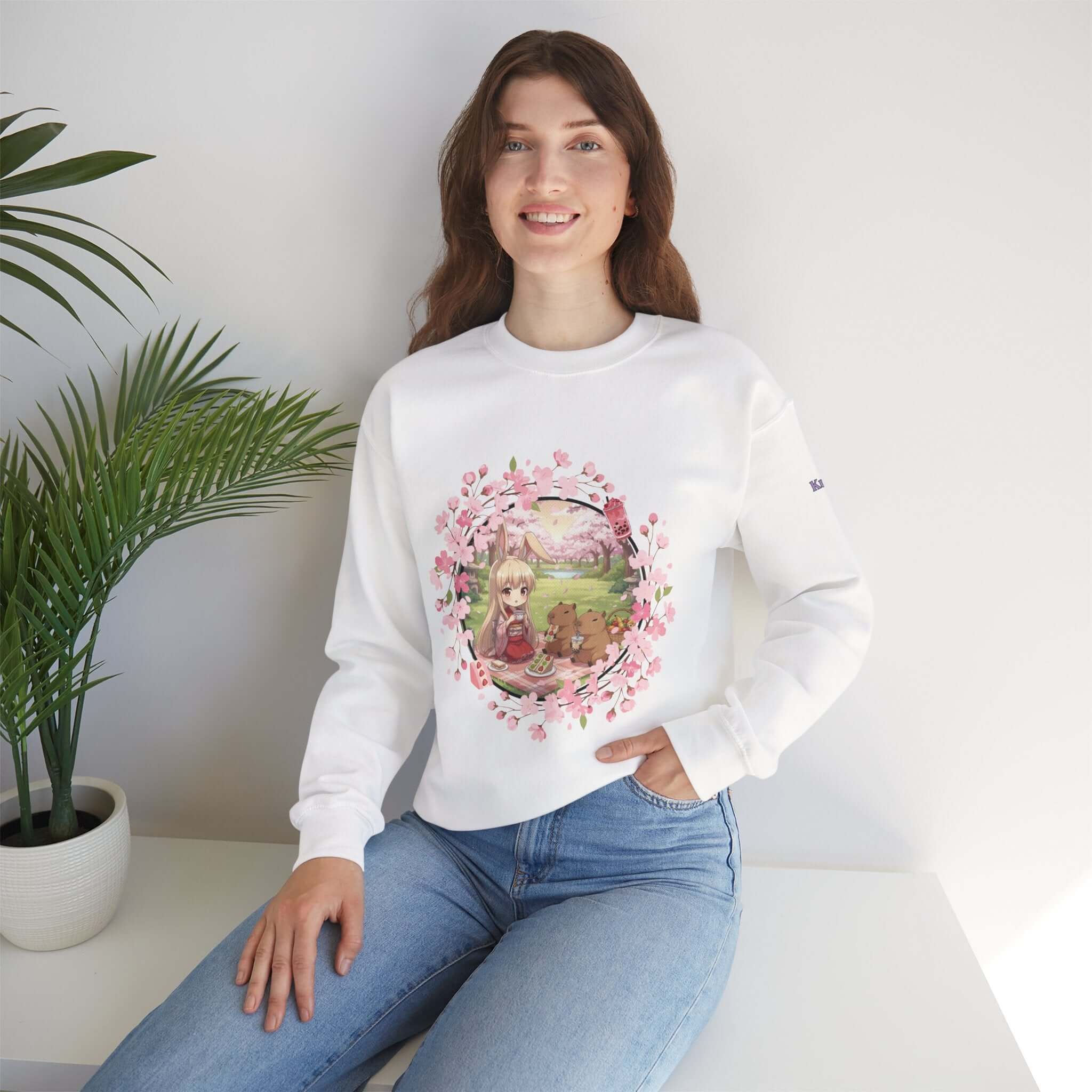 Sweatshirt Anime HARU Muse Chibi Pique-nique Sakura avec illustration de personnage kemonomimi, oreilles d'animaux, Kuro Neko Shop.