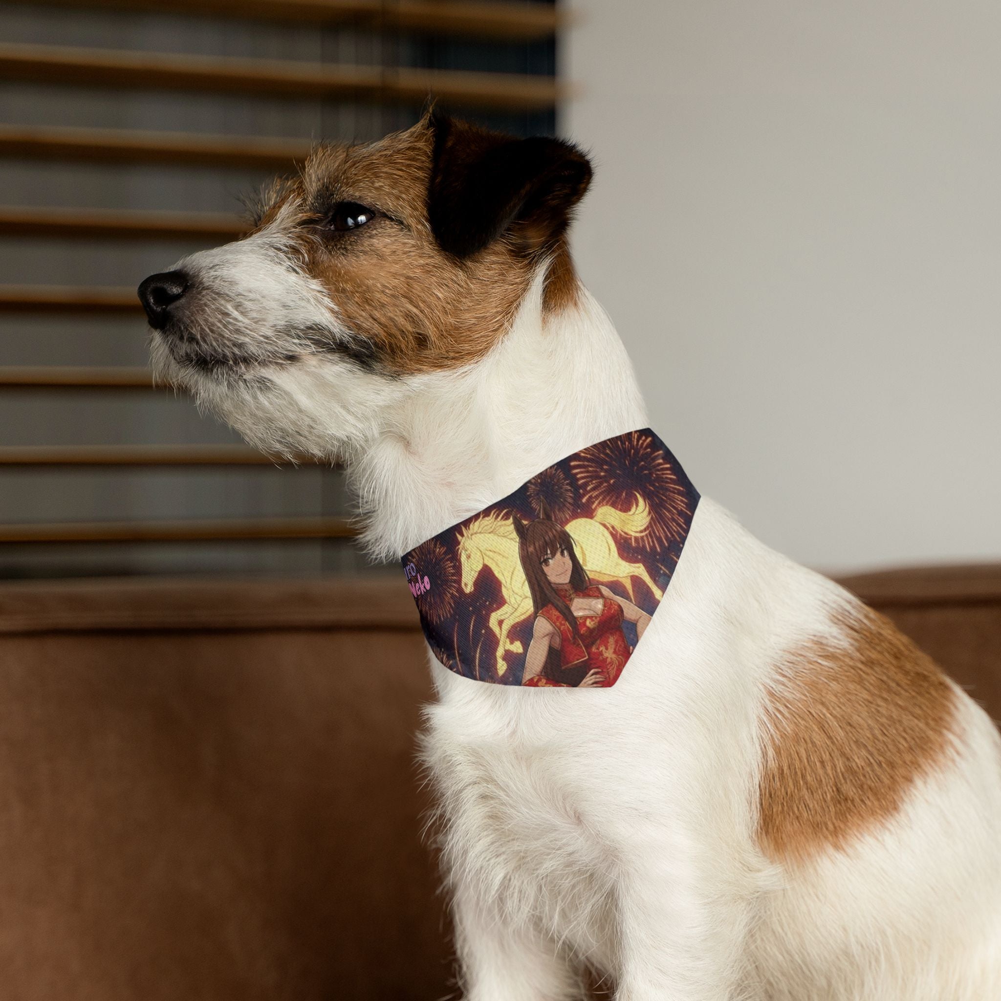 Collier bandana chat & chien Anime AKARI Cheval de Feu & Zodiaque sur un chien, design animé avec feu d'artifice - Kuro Neko Shop