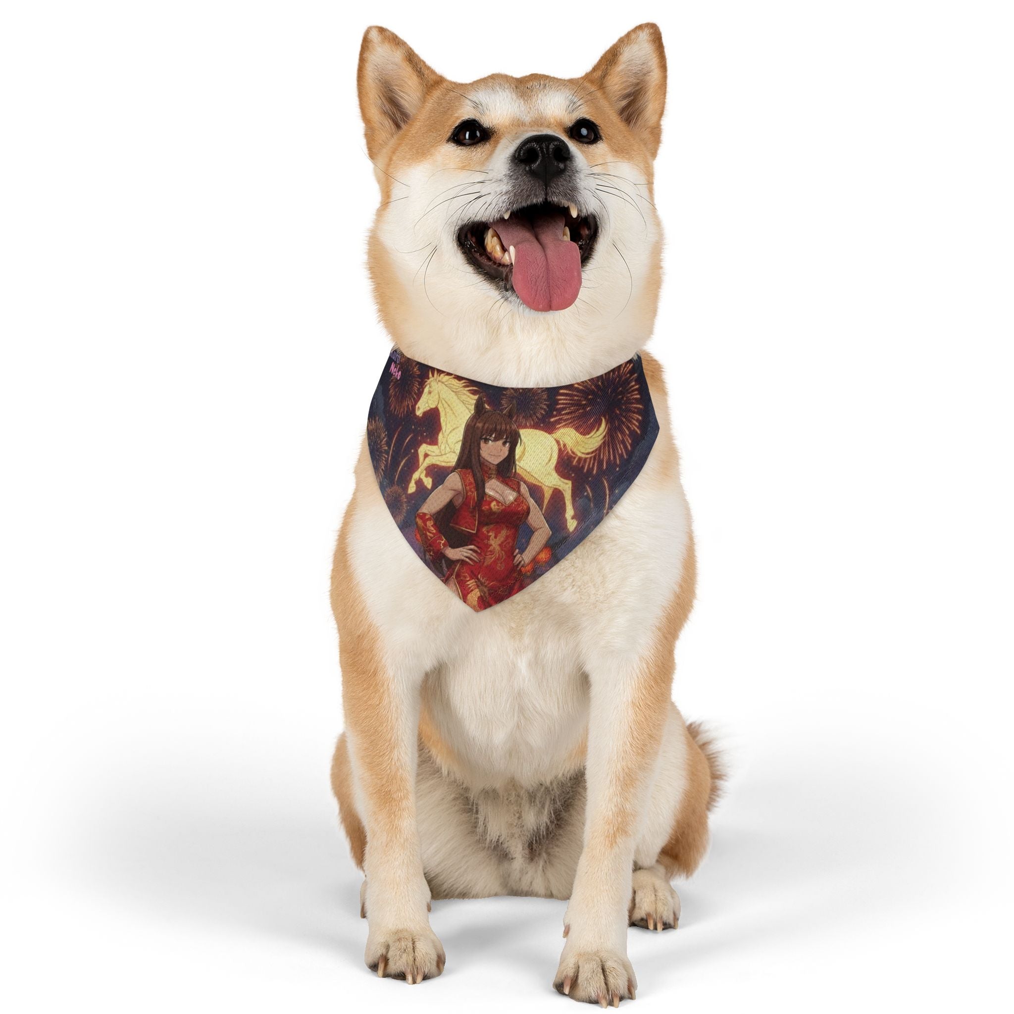 Collier bandana chat & chien Anime AKARI Cheval de Feu & Zodiaque porté par un chien, style anime, Kuro Neko Shop.