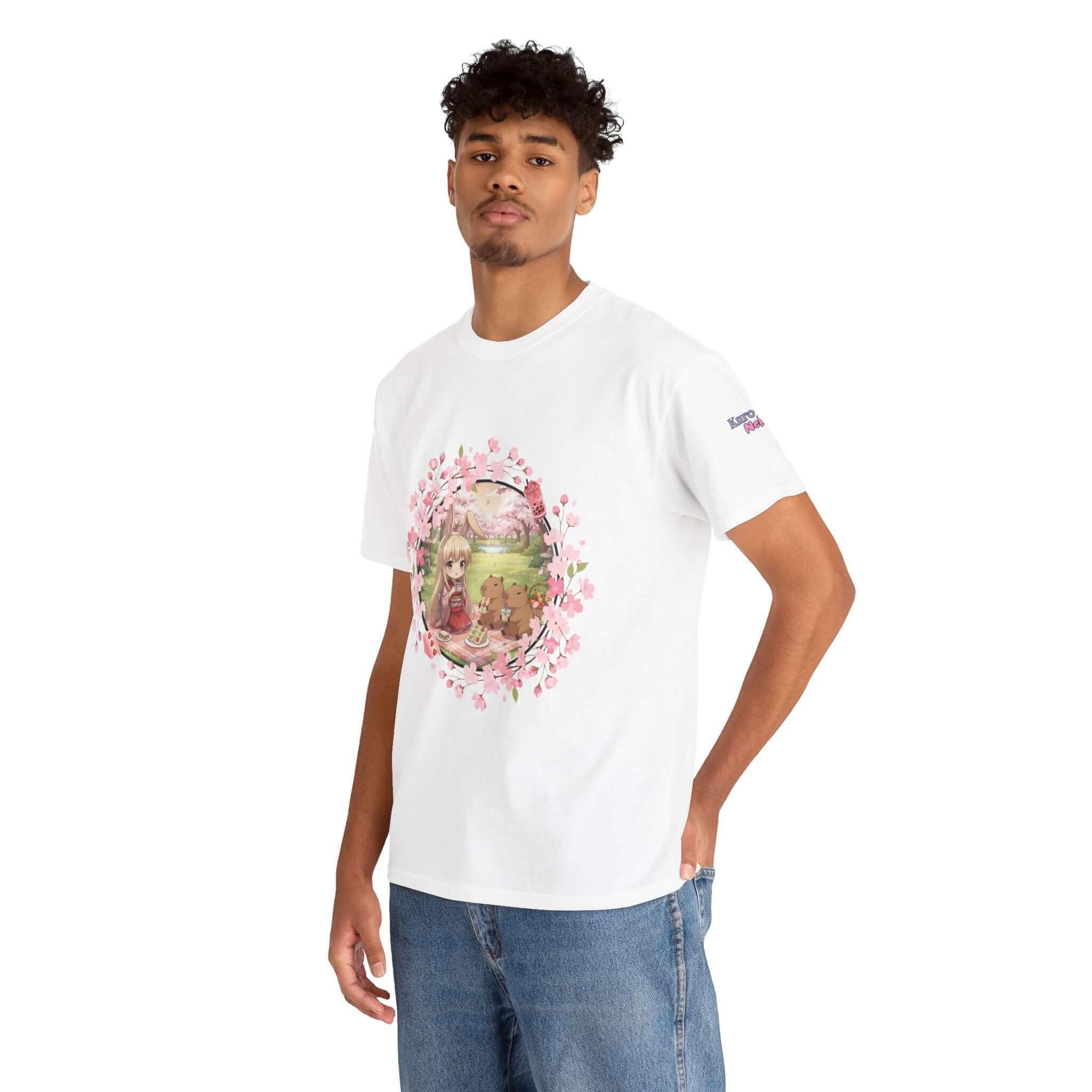 T-shirt Anime HARU Muse Chibi Pique-nique Sakura avec design de pique-nique, oreilles d'animaux, style anime, Kuro Neko Shop.