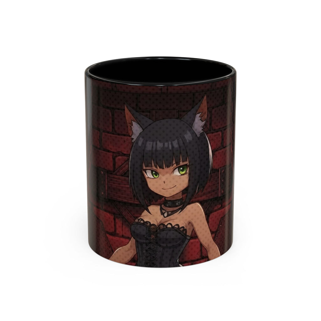 Mug anime Yami Gothique & Louve Mystérieuse: mug en céramique avec YAMI, louve kemonomimi, pose d'autorité sur fond brique rouge
