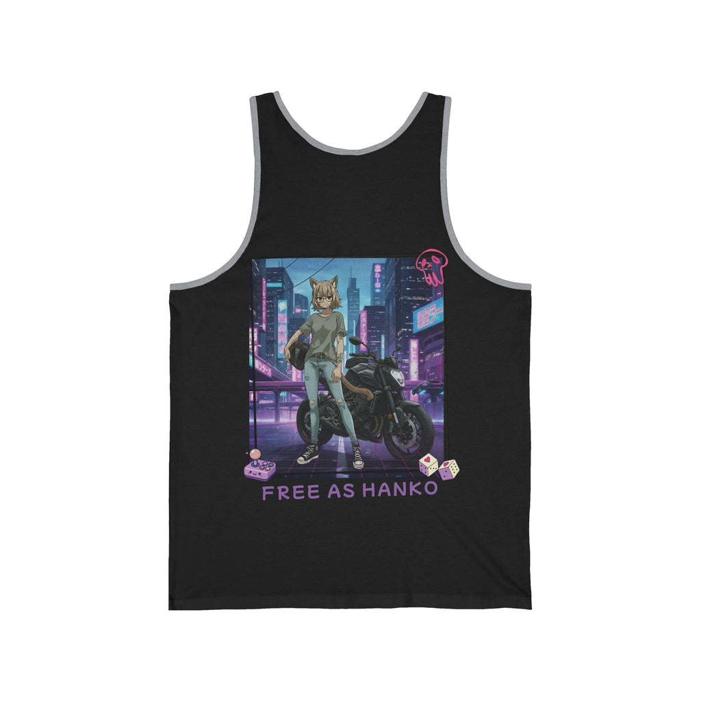 Débardeur Anime HANKO avec design cyberpunk montrant un chat sur une moto, ambiance néon et futuriste.