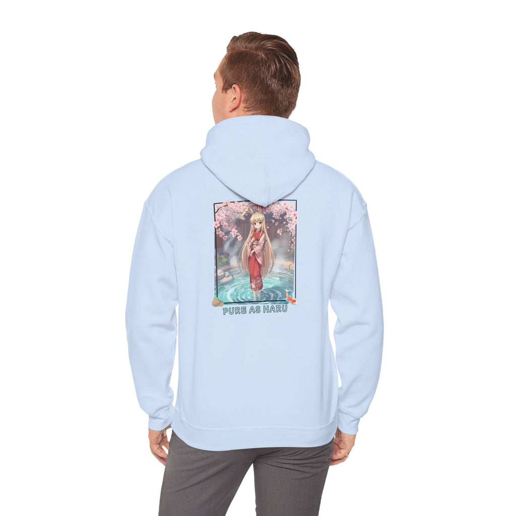 Hoodie bleu pastel avec impression anime Waifu HARU Bunny Girl onsen kimono bains japonais carpe koï cozy et chill