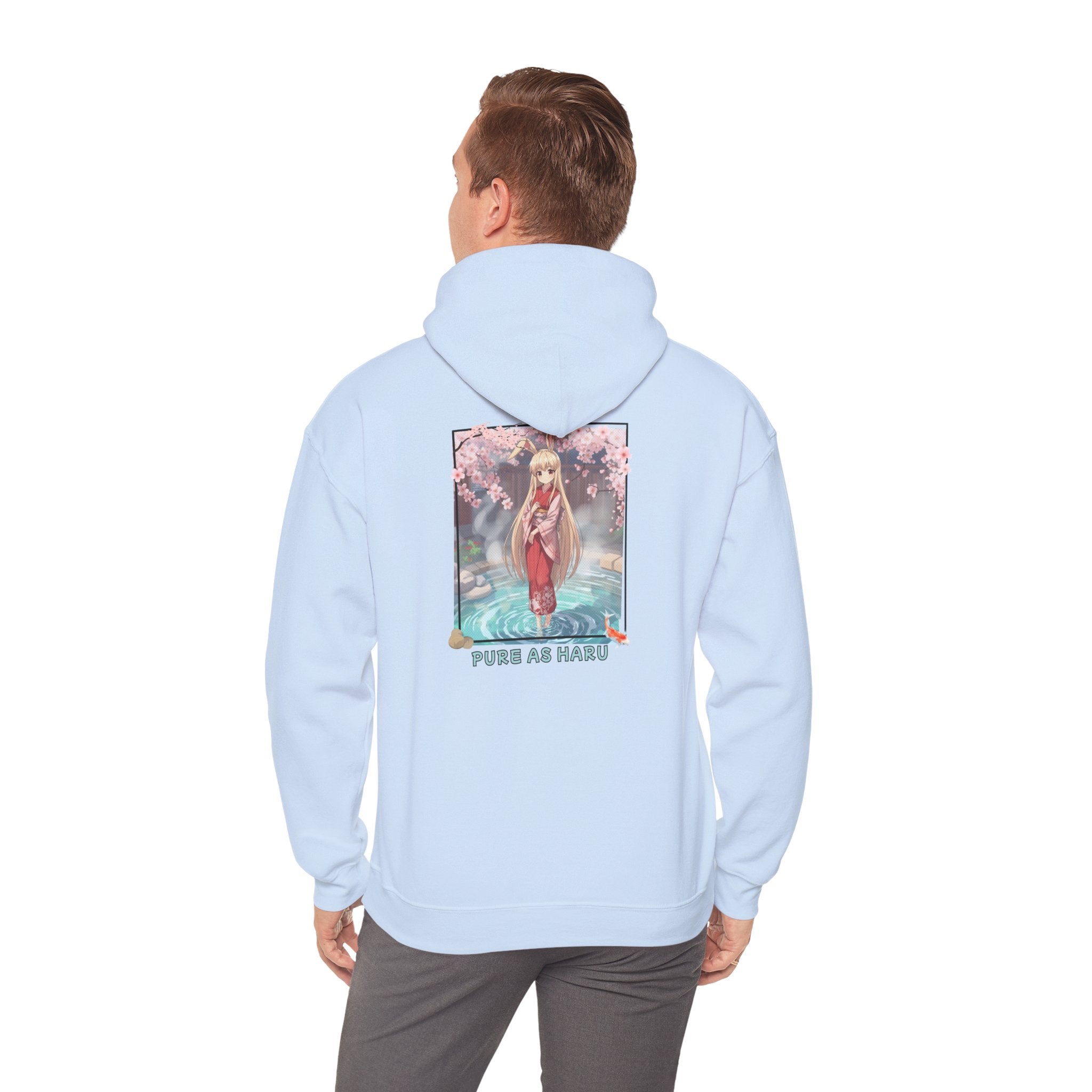 Hoodie bleu pastel avec impression anime Waifu HARU Bunny Girl onsen kimono bains japonais carpe koï cozy et chill