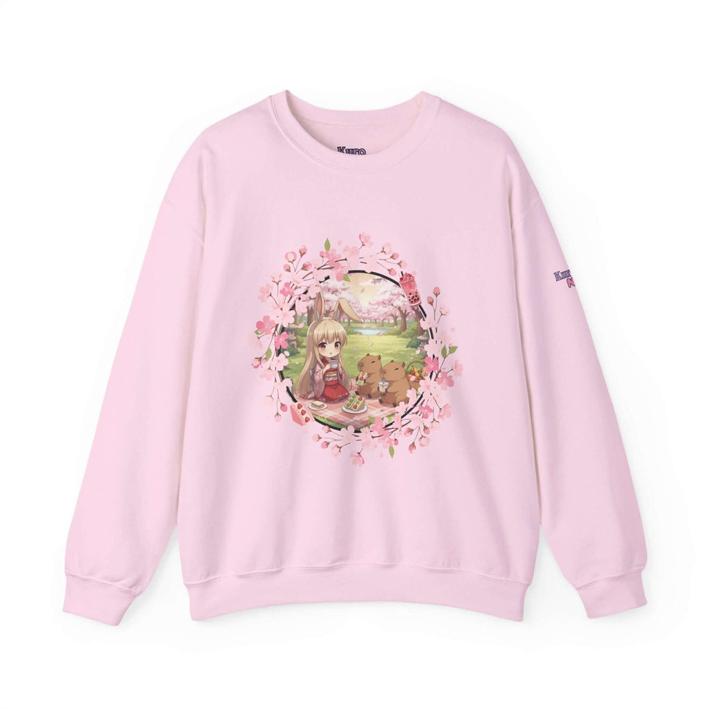 Sweatshirt Anime HARU chibi printemps - Sweatshirt rose avec HARU et capybaras, décor chibi kawaii et fleurs sakura