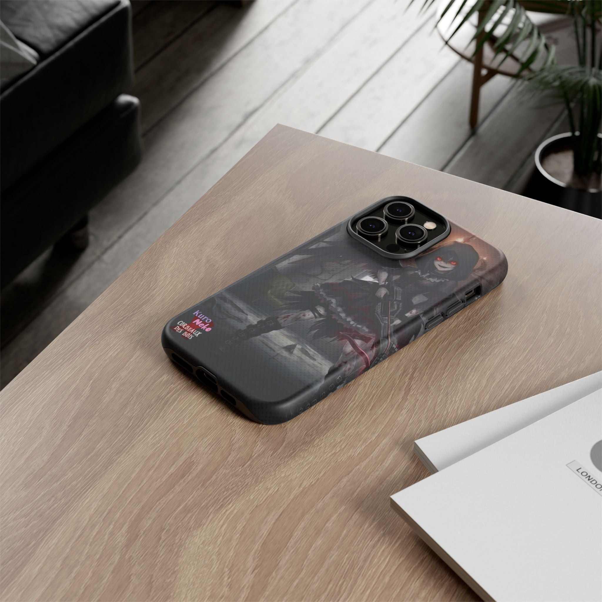 Anime Phone Case – Mad as Yoru Crow Waifu Kemonomimi showcasing gothic horror design on a wooden table.