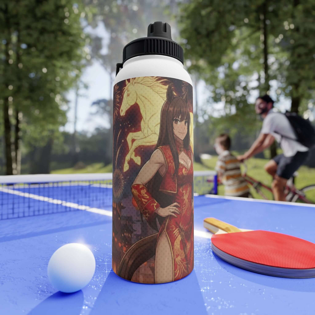 Bouteille isotherme sportive acier inoxydable blanc 950ml avec artwork Akari cheval de feu 2026, waifu kemonomimi zodiaque chinois, double paroi thermique, bouchon sport, design original Kuro Neko Shop