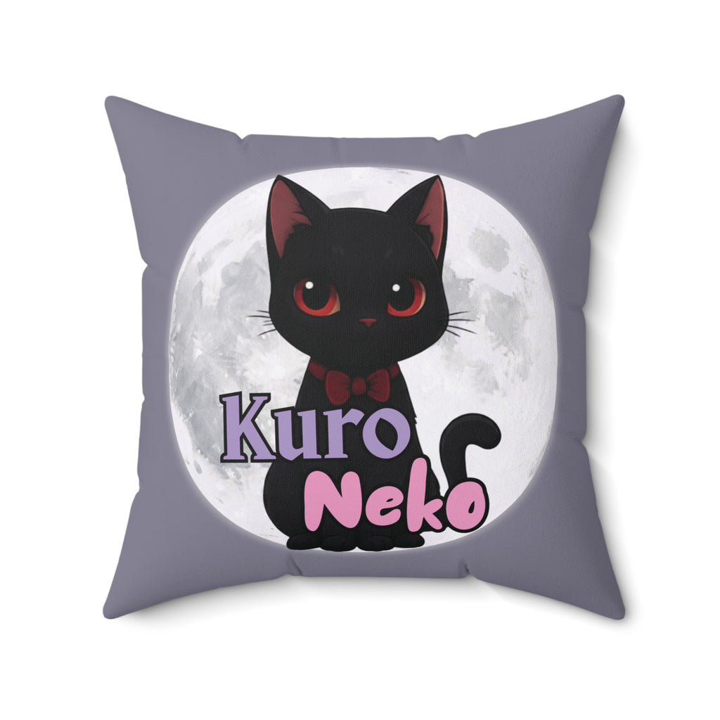 Coussin carré Anime HANKO avec illustration de chat Kuro Neko sur fond de lune, style mignon et cyberpunk.