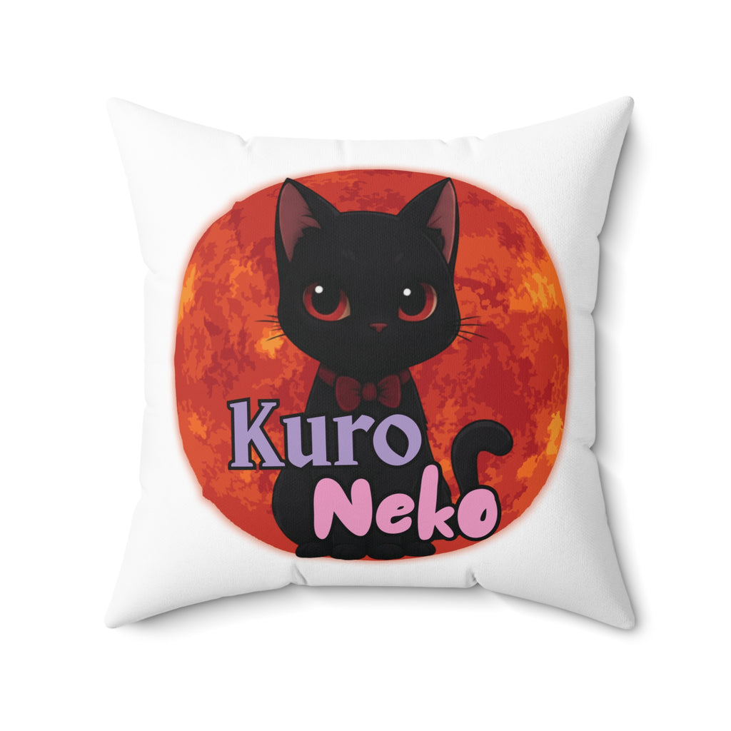 Coussin Carré Anime AIKO avec design de Kuro Neko sur fond rouge et orange.