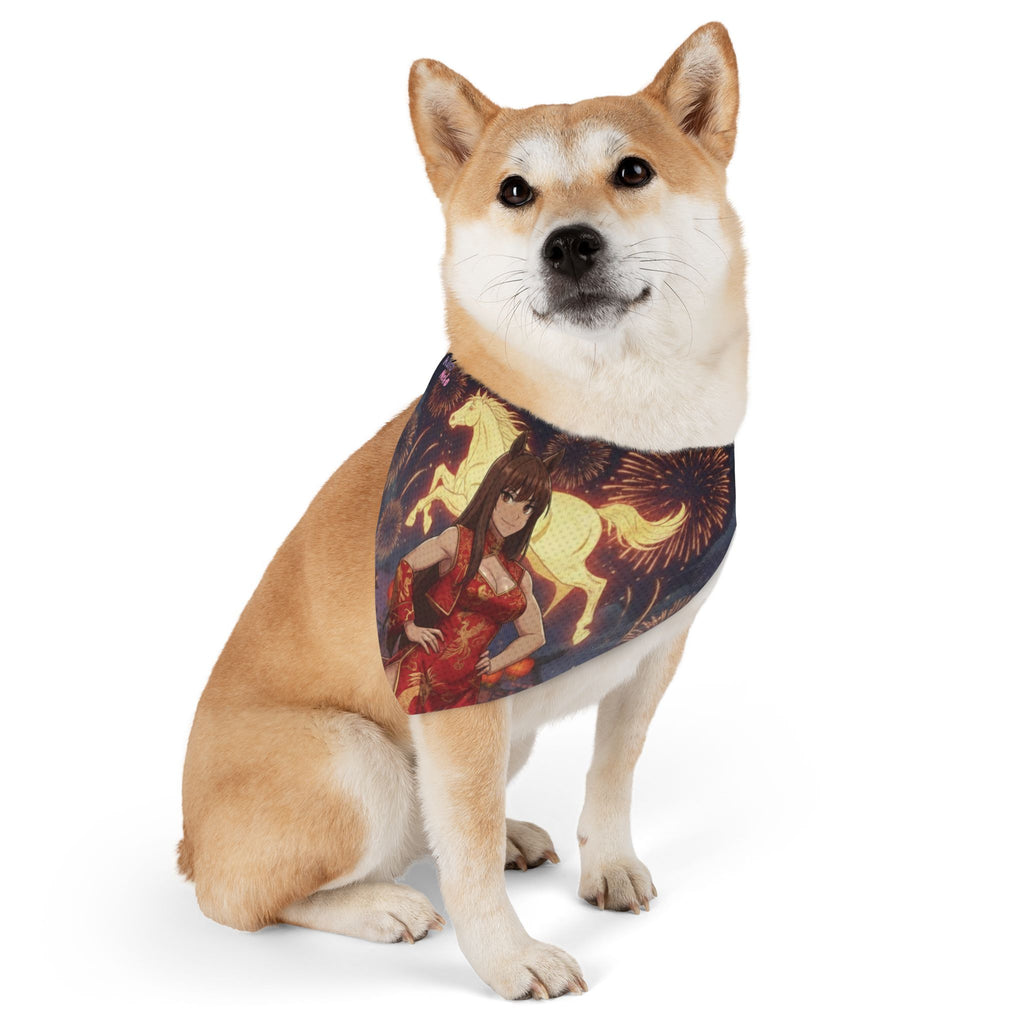 Collier bandana chat & chien Anime AKARI sur un chien avec un design coloré représentant Akari et des chevaux.