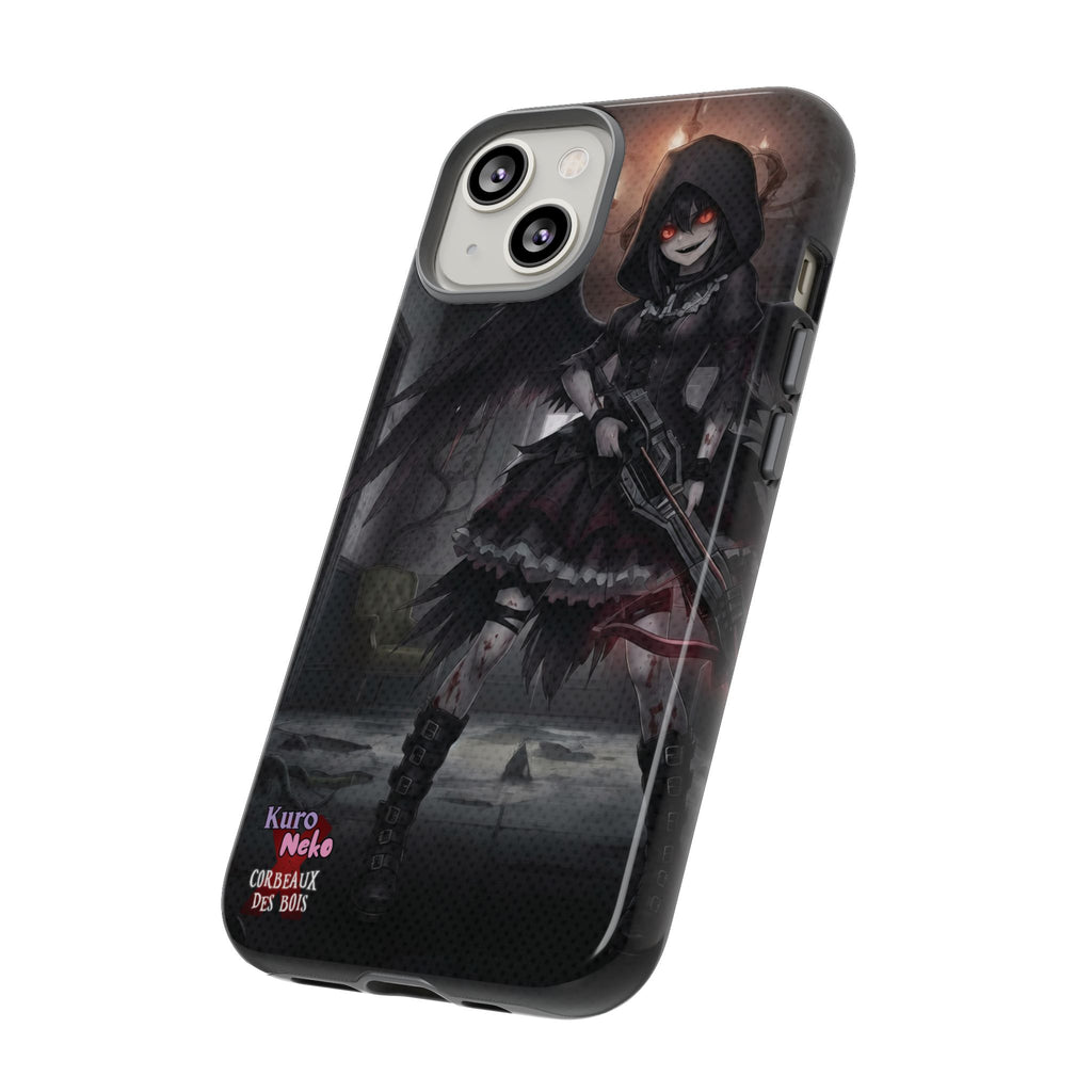 Anime Phone Case – Mad as Yoru Crow Waifu Kemonomimi depicting a dark, gothic anime character with wings and a crossbow.