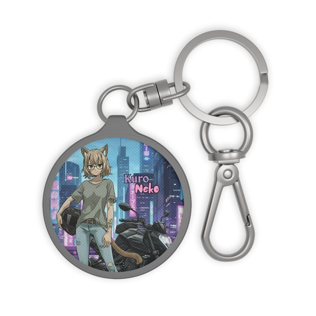 Porte-clés Anime HANKO avec un design de chatte rebelle et un fond cyberpunk éblouissant.
