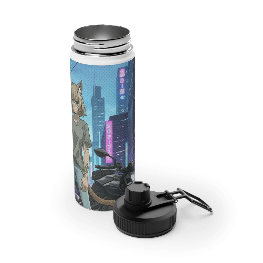 Gourde bouteille isotherme inox blanche 530ml avec illustration Hanko waifu chat kemonomimi cyberpunk rebelle, oreilles de chat futuristes, anime néon digital, construction double paroi, acier inoxydable premium, sans BPA