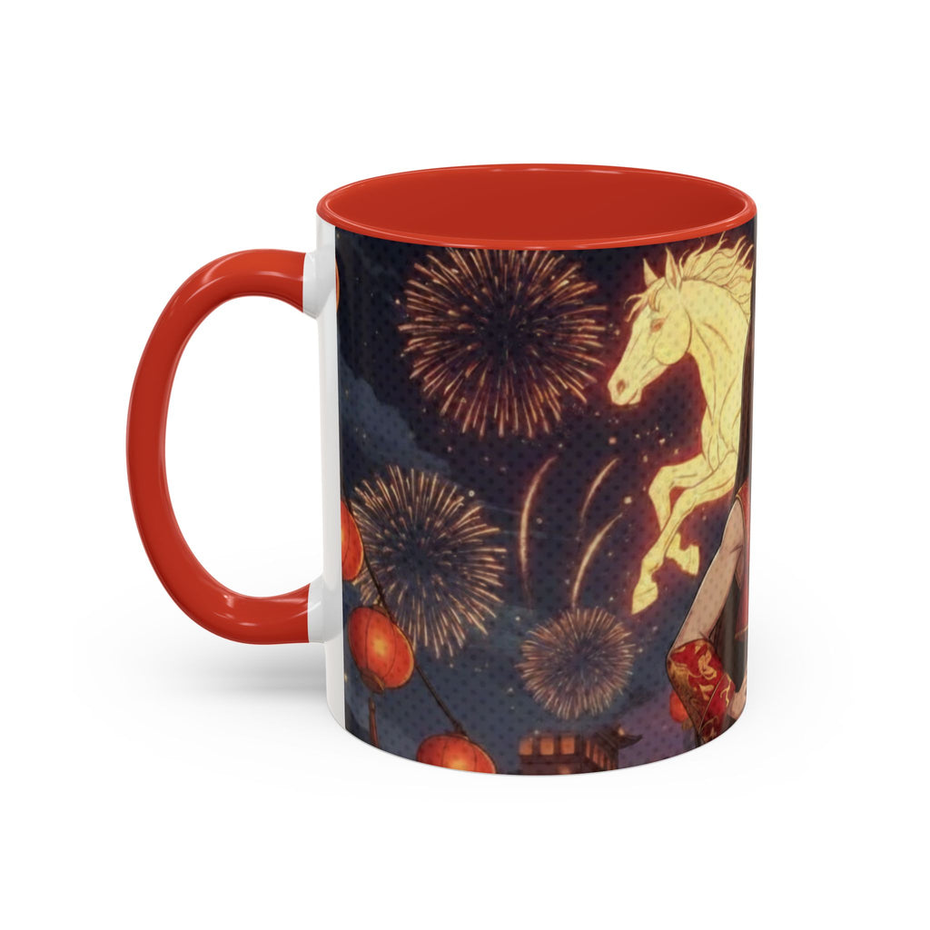 Mug Anime AKARI avec cheval de feu et feux d'artifice, parfait pour les otakus passionnés de zodiaque.