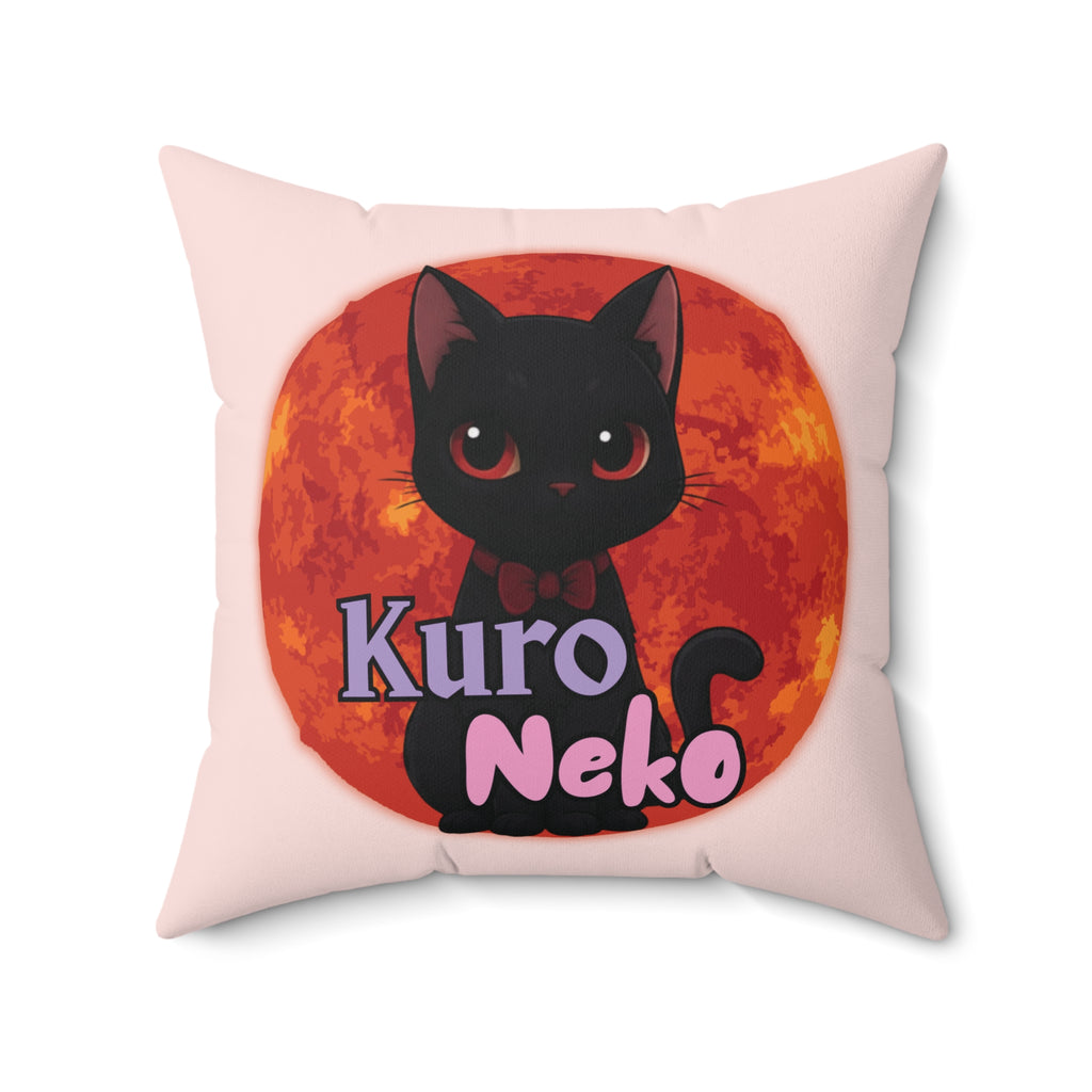 Coussin Carré Anime HARU avec un chat noir Kuro Neko et un arrière-plan de pleine lune.